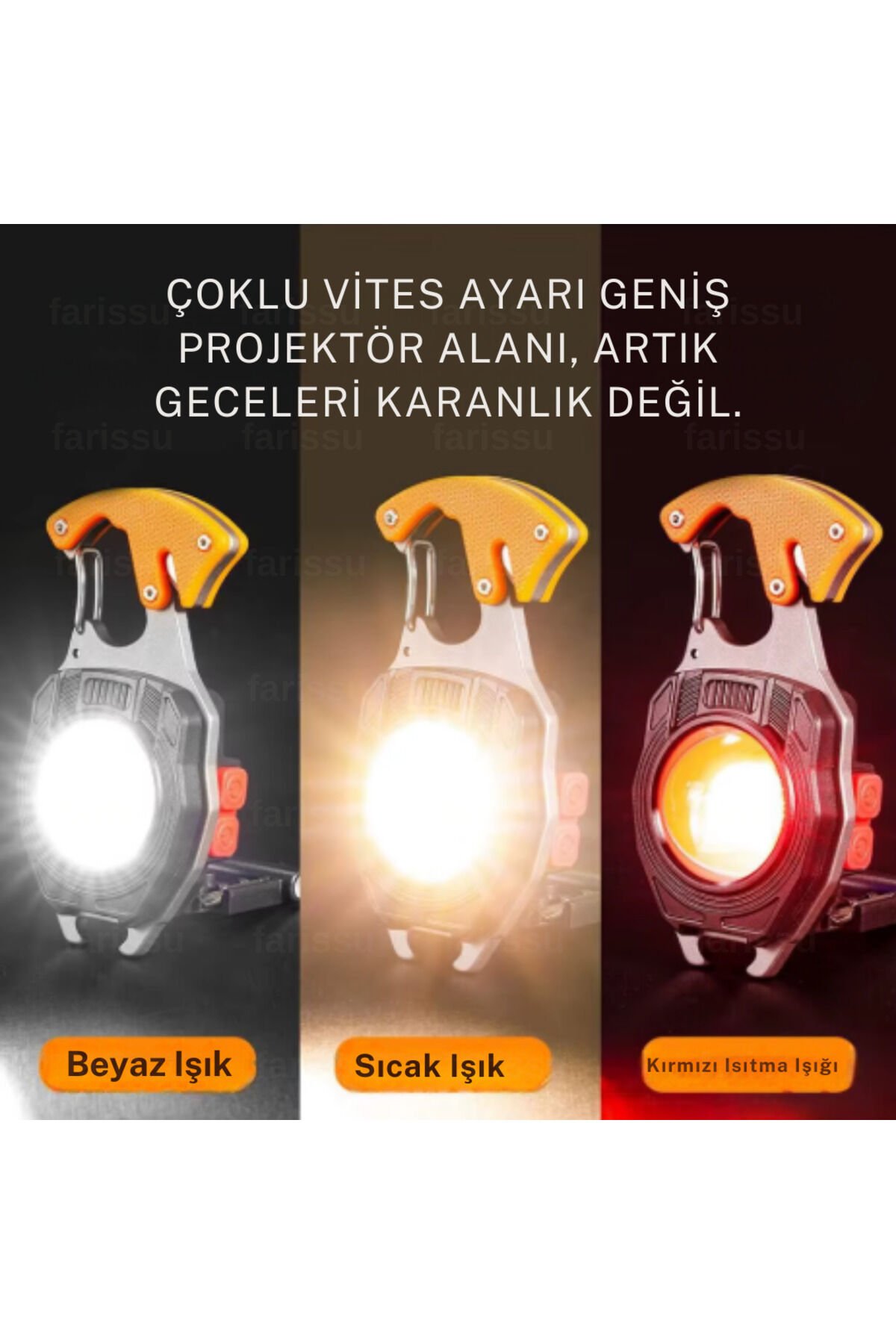 farissu Çok Amaçlı Fener Şarjlı Şarj Edilebilir Pilsiz Kullanım Turuncu - Tek Ebat