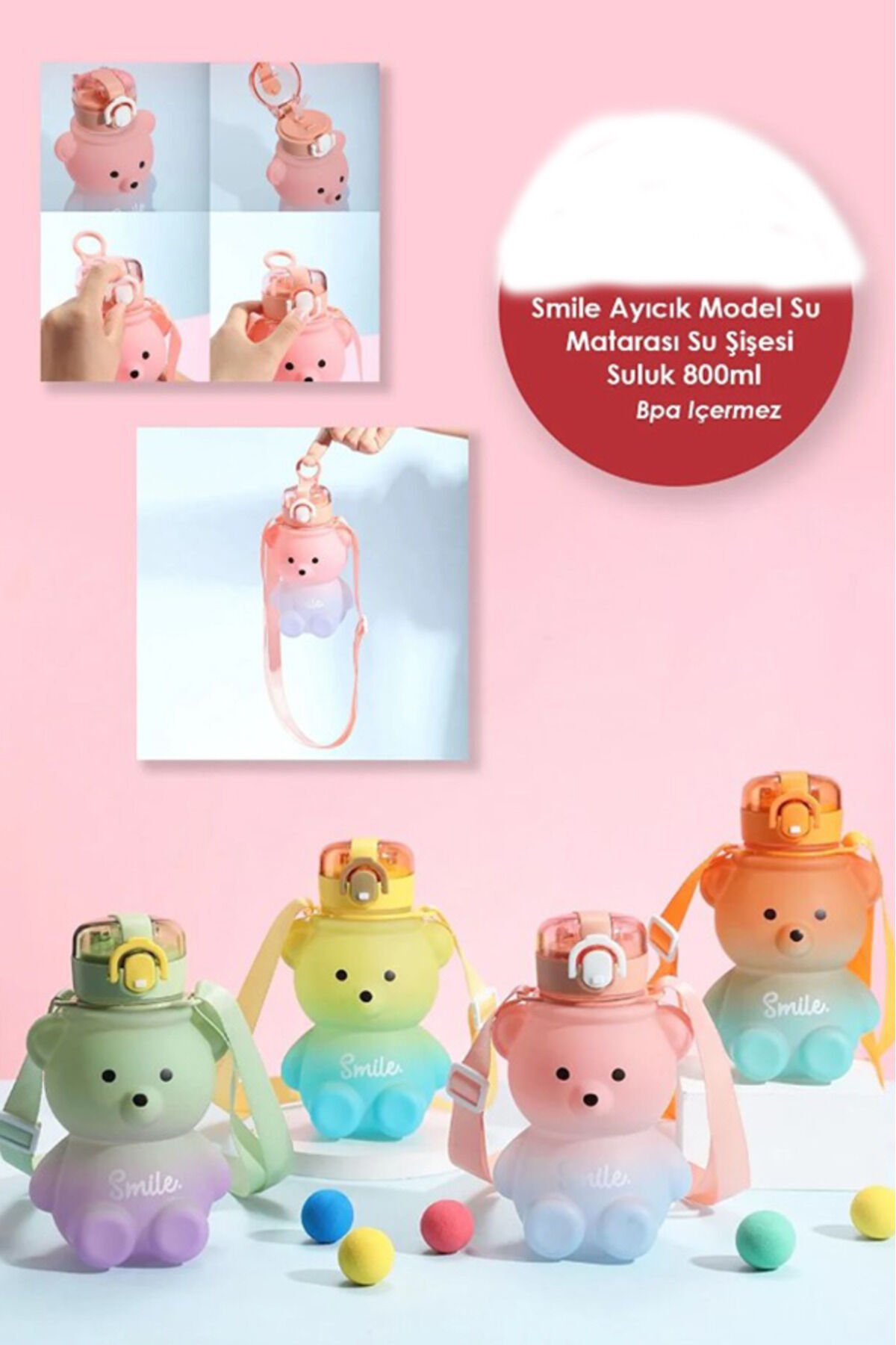Smile Ayıcık Model Su Matarası Su Şişesi Suluk 800 ml Bpa içermez Suluk Çocuk Okul Su Şişesi