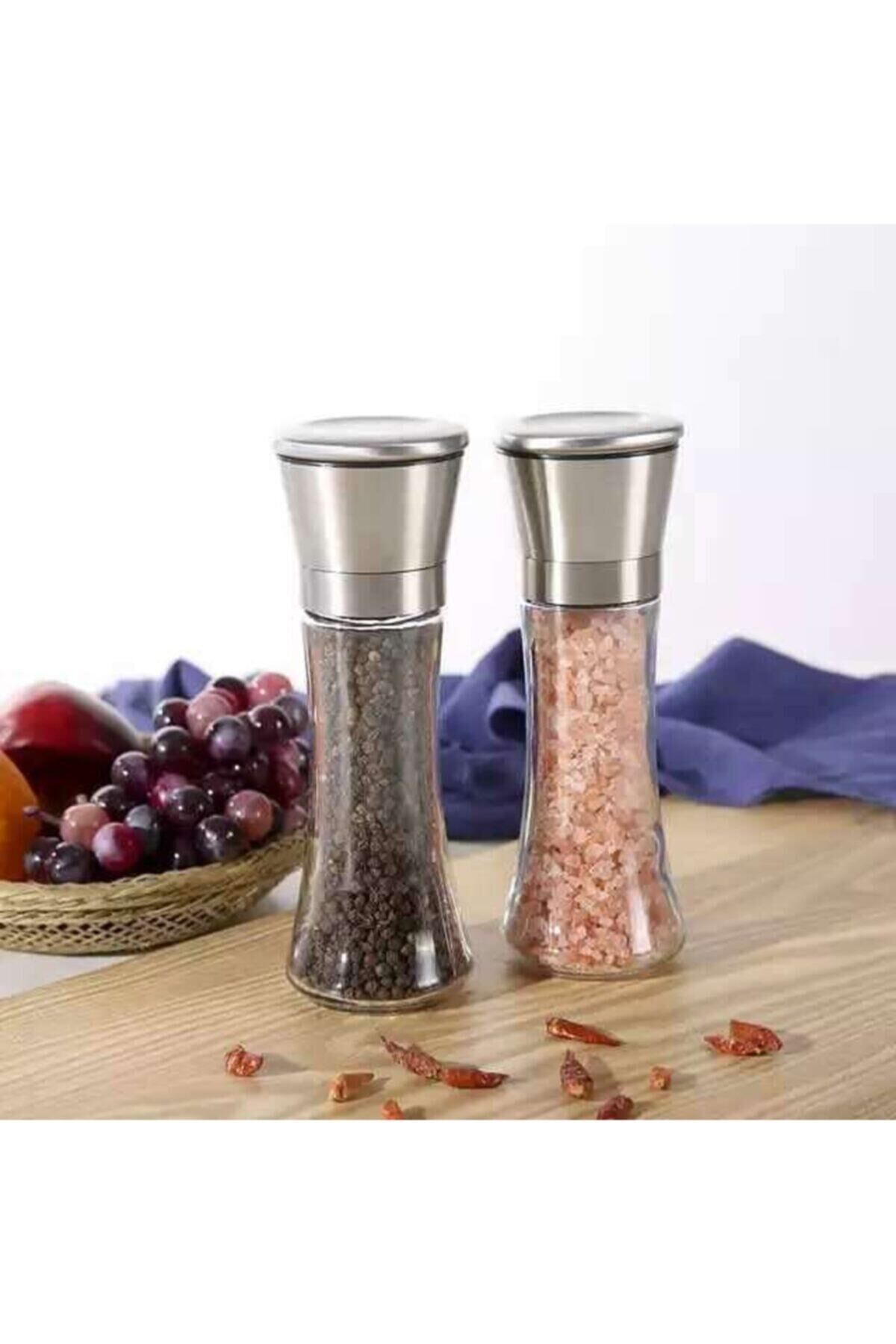 Karabiber Tuz Değirmeni 2li Set Metal Seramik Öğütücülü Yükseklik 19cm Cam-Gri - Tek Ebat