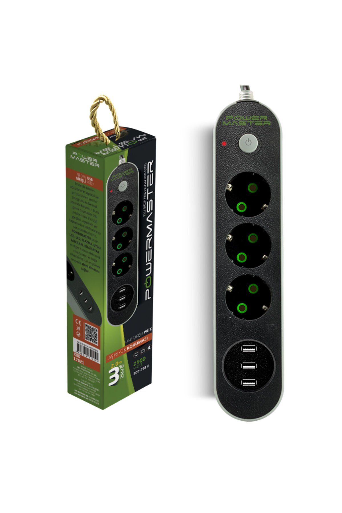 Pm-17021 3 Usb'li 3'lü Akım Korumalı Priz (2 Metre Kablolu) Tek Ebat