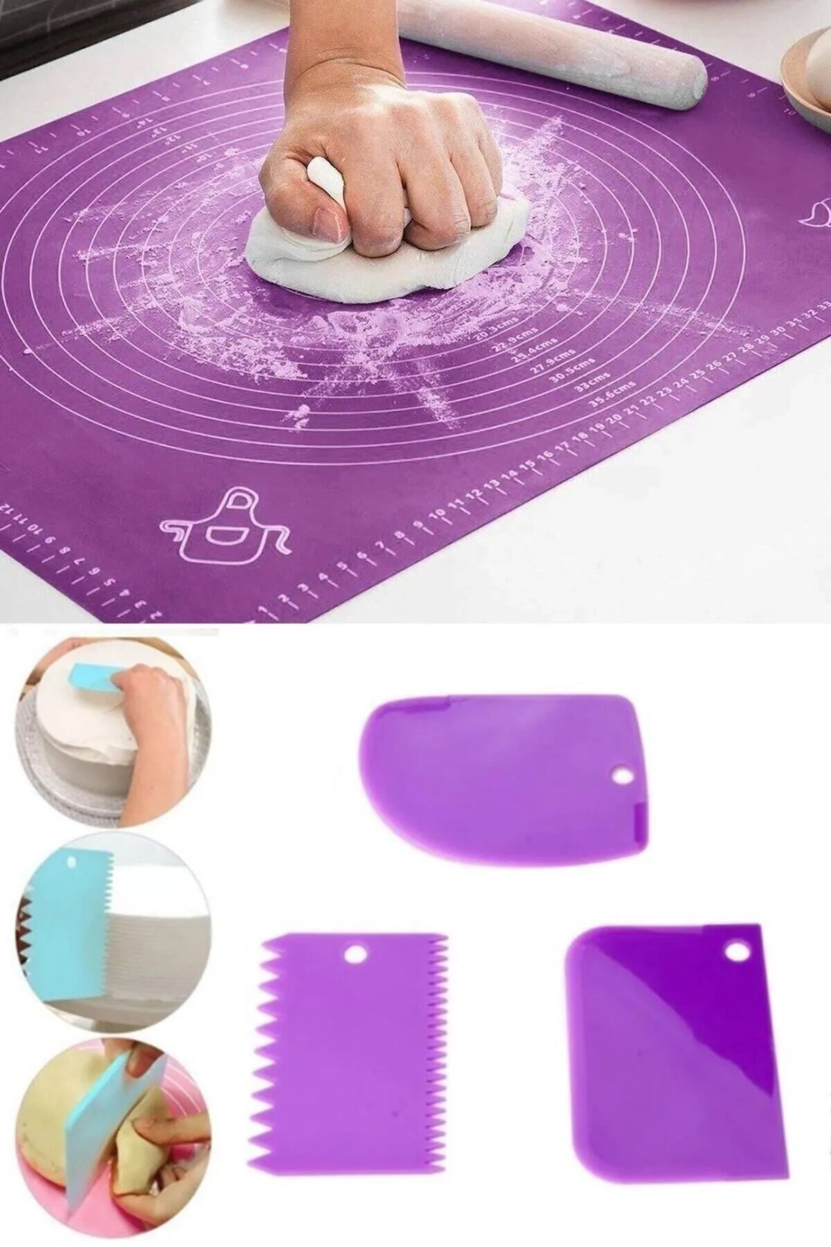 Silikon Hamur Açma Matı Ölçekli Hamur Açma Altlığı Ve 3'lü Hamur Kesici Kazıyıcı Dekoratör Set