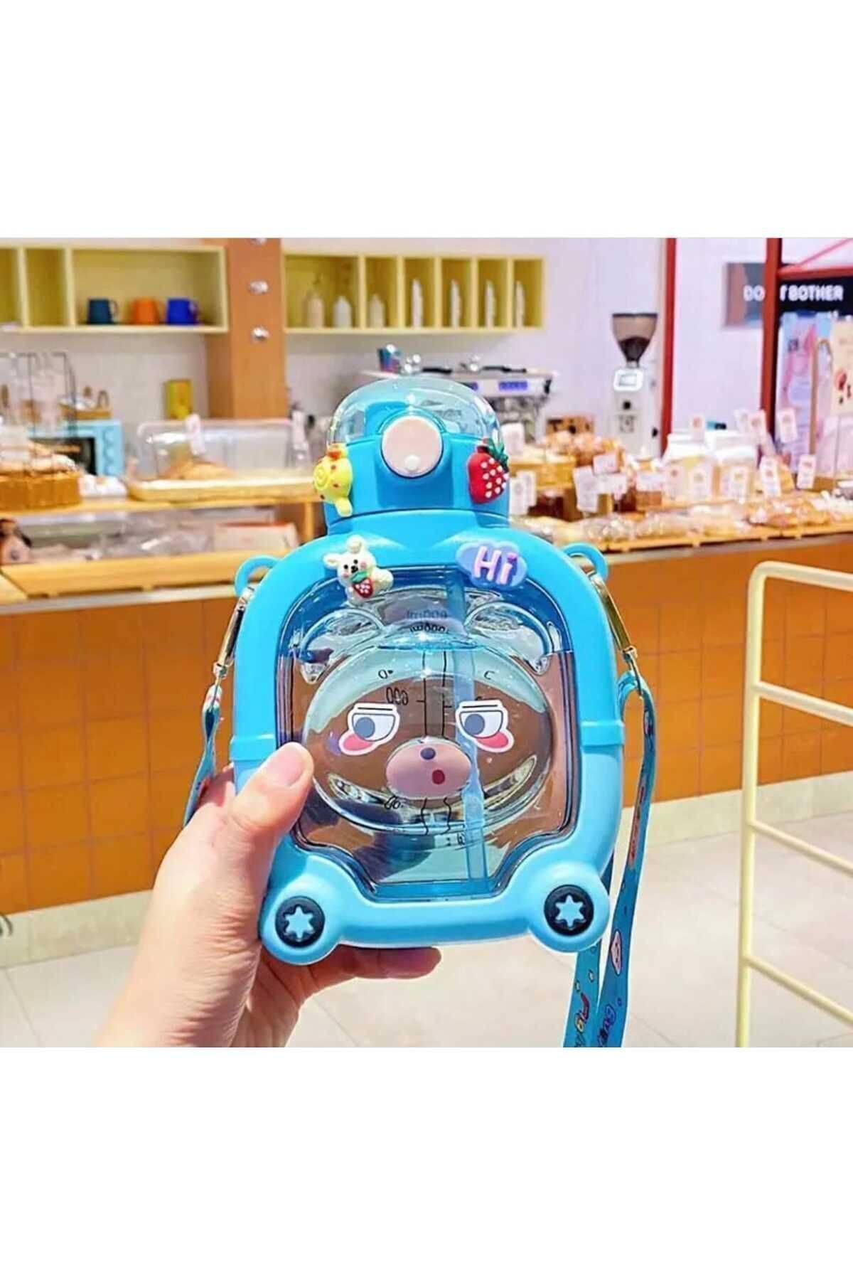Mavi Motivasyonel Ayıcık Su Matarası Çocuk Suluk 1000 ml Sticker Mavi - Tek Ebat