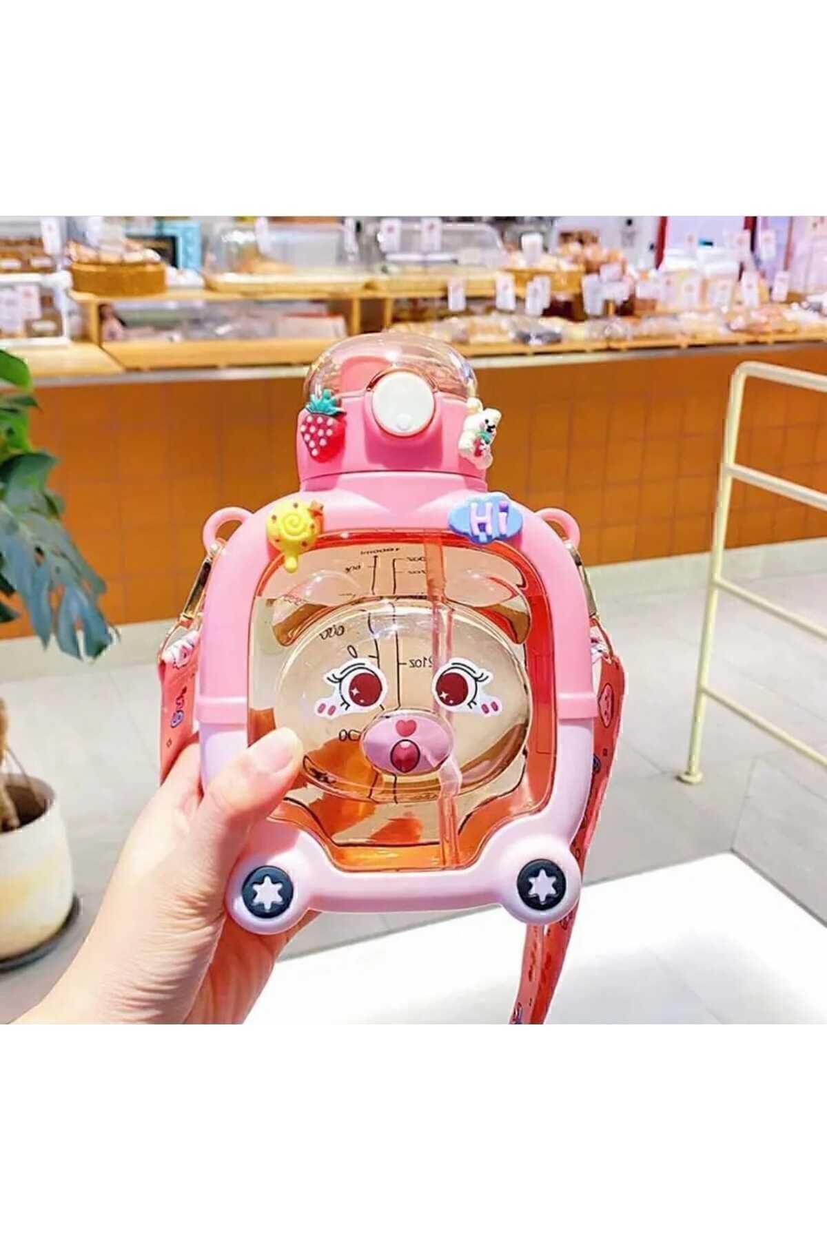 Pembe Motivasyonel Ayıcık Su Matarası Çocuk Suluk 1000 ml Sticker Pembe - Tek Ebat