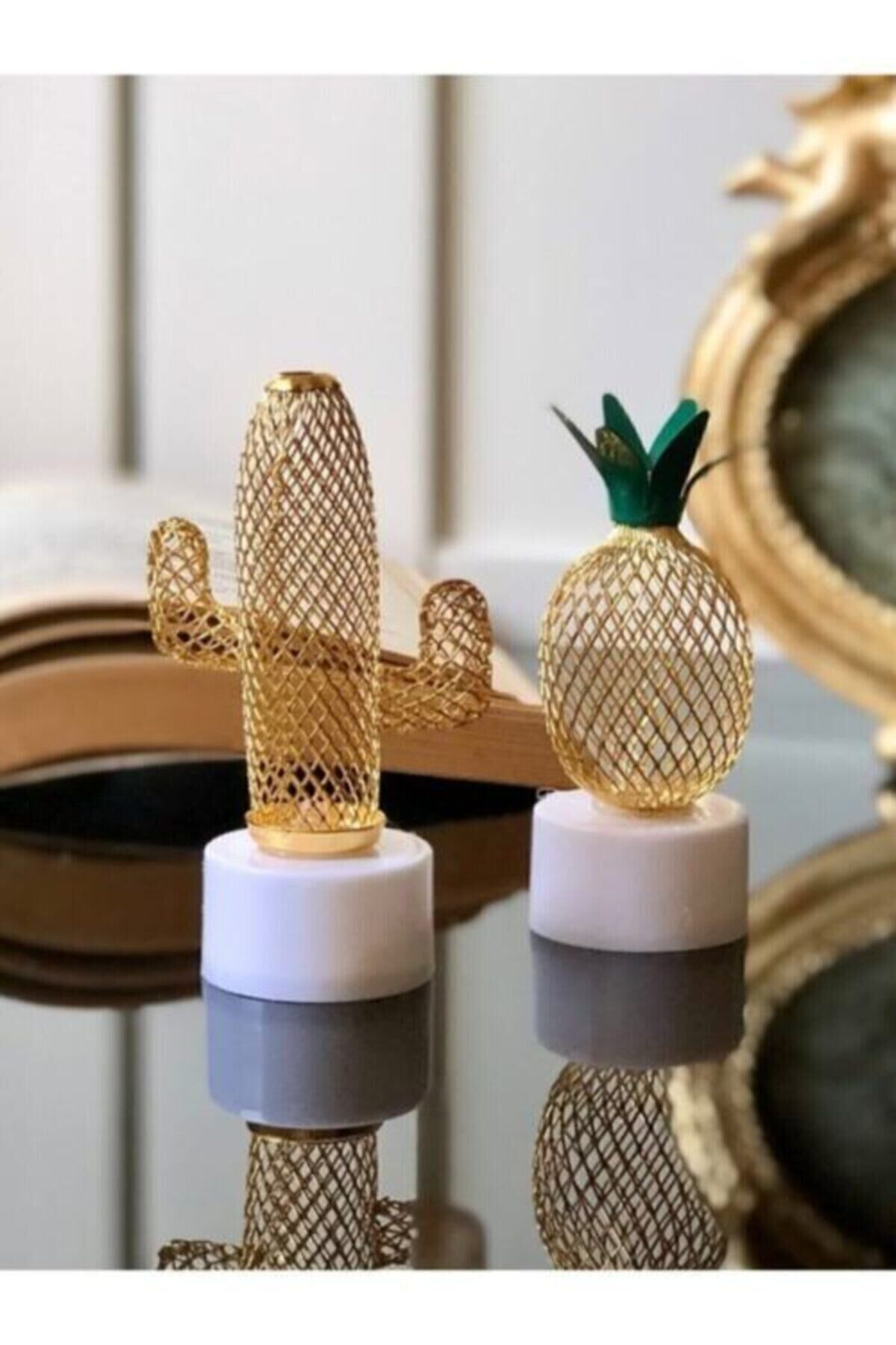 2'li Metal Ananas Ve Kaktüs Model Mini Gece Ve Masa Dekor Lambası Pilli Sarı - Tek Ebat