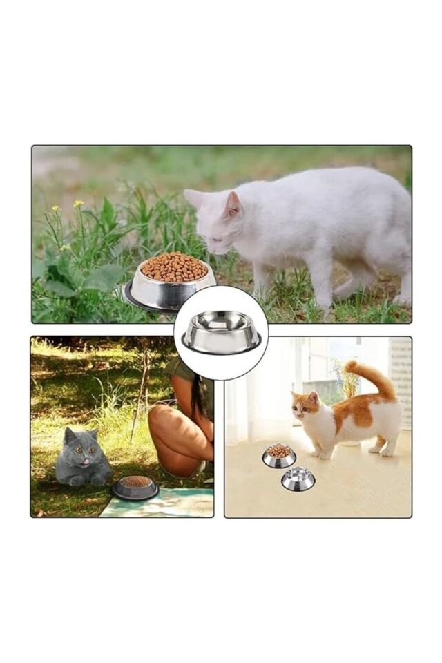 2 Adet Paslanmaz Çelik Mama Ve Su Kabı, Alt Taban 16 Cm Kedi Mama Kabı Köpek Mama Kabı (250 ML-8 OZ)