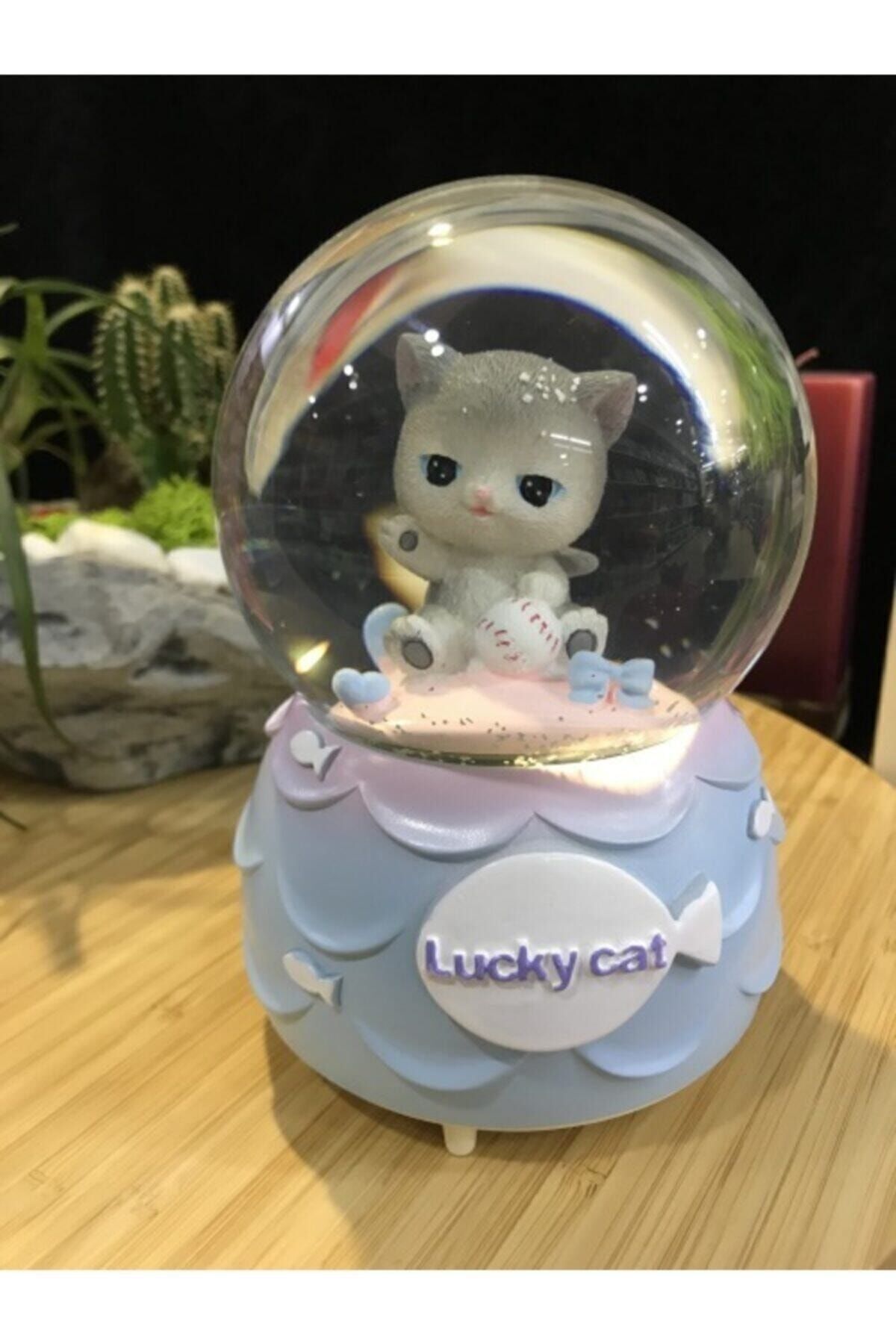 Kar Tanesi Püskürtmeli Işıklı Şanslı Sevimli Kedi Lucky Cat Kar Küresi Müzik Kutusu Çok Renkli - Tek Ebat
