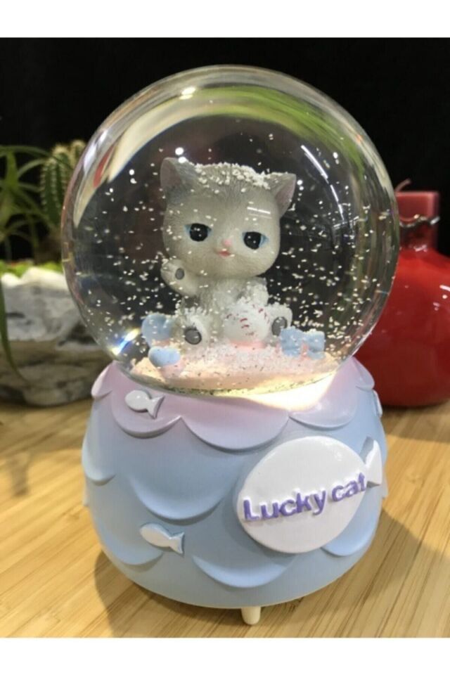 Kar Tanesi Püskürtmeli Işıklı Şanslı Sevimli Kedi Lucky Cat Kar Küresi Müzik Kutusu Çok Renkli - Tek Ebat