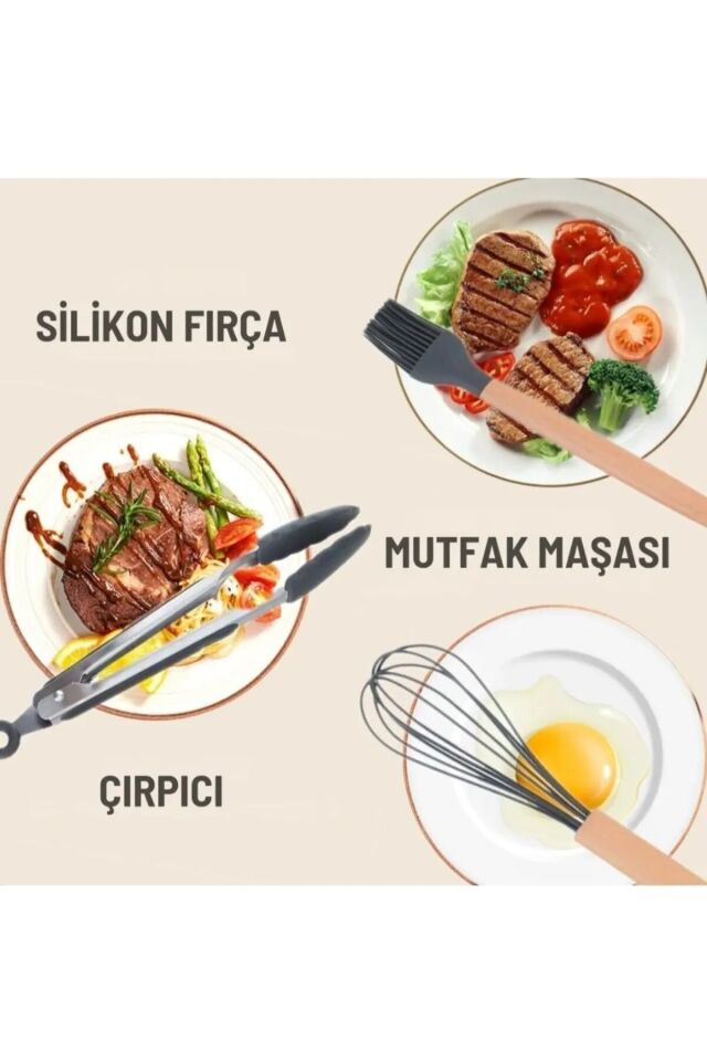 Slikon 11'li Kepçe Seti Isıya Dayanıklı; Kepçe-çırpıcı-makarna Kepçesi- Spatula Standlı Servis Seti