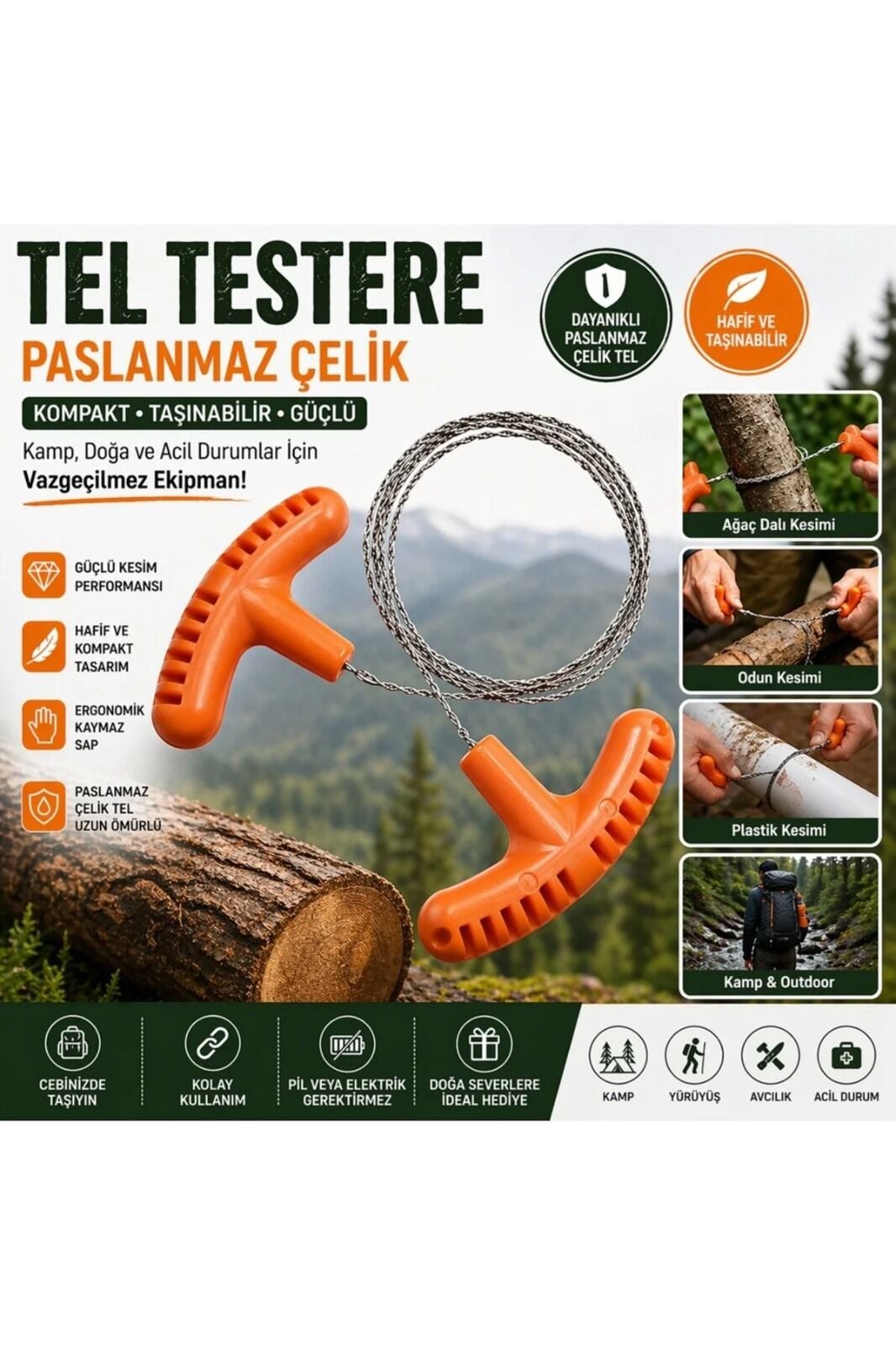 Paslanmaz Çelik Tel Testere, Kamp ve Cep Testeresi 70CM