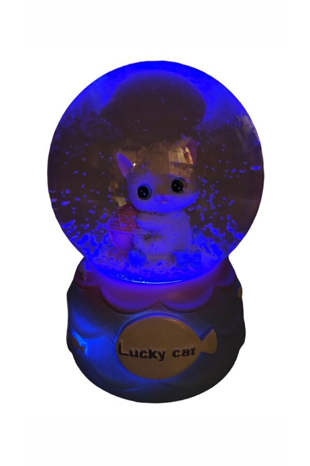 Sevimli Minnoş Kedi Lucky Cat Kar Küresi Orta Boy Hediye Işıklı Müzikli Kar Küresi