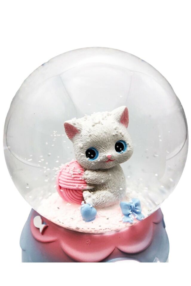 Sevimli Minnoş Kedi Lucky Cat Kar Küresi Orta Boy Hediye Işıklı Müzikli Kar Küresi