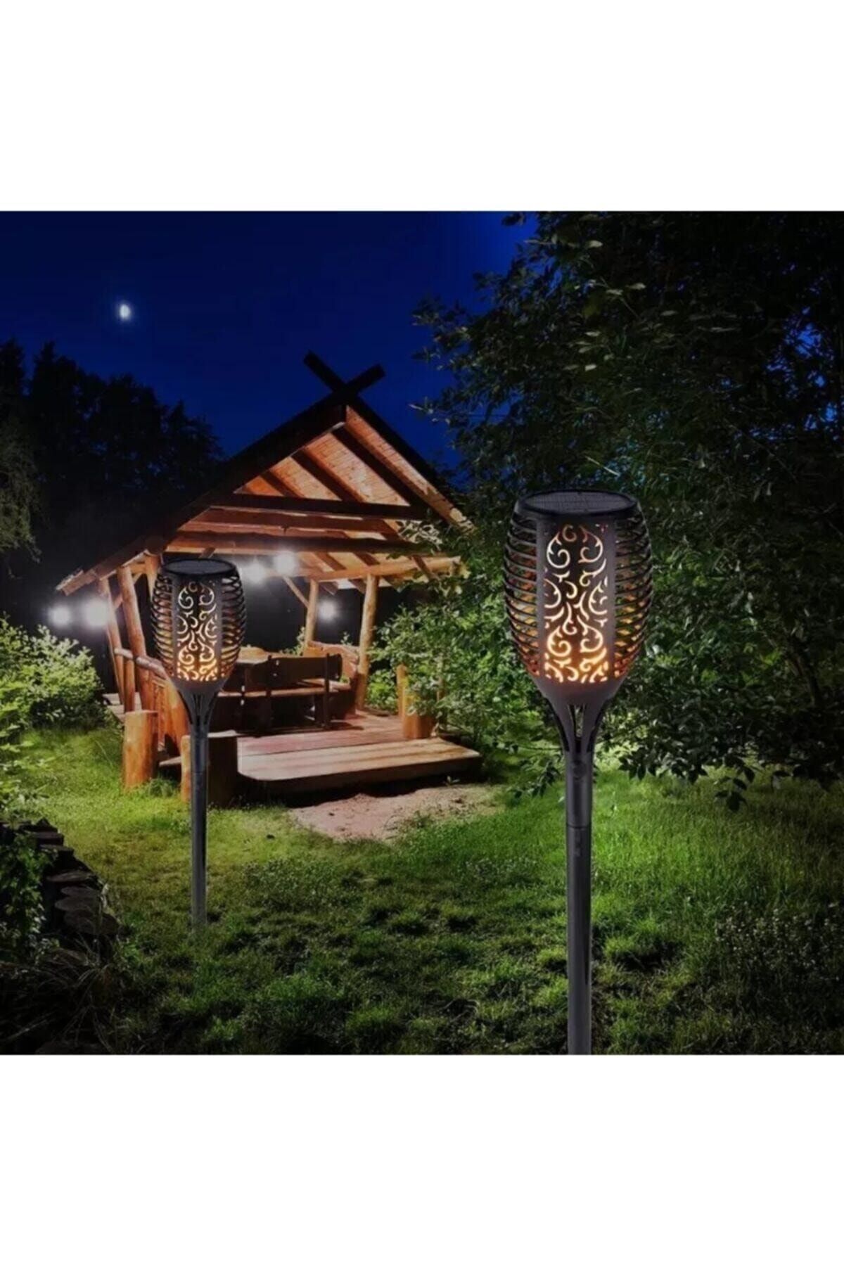 Güneş Enerjili Alev Efektli Solar Bahçe Lambası Sensörlü Aydınlatma (51cm) Tek Ebat