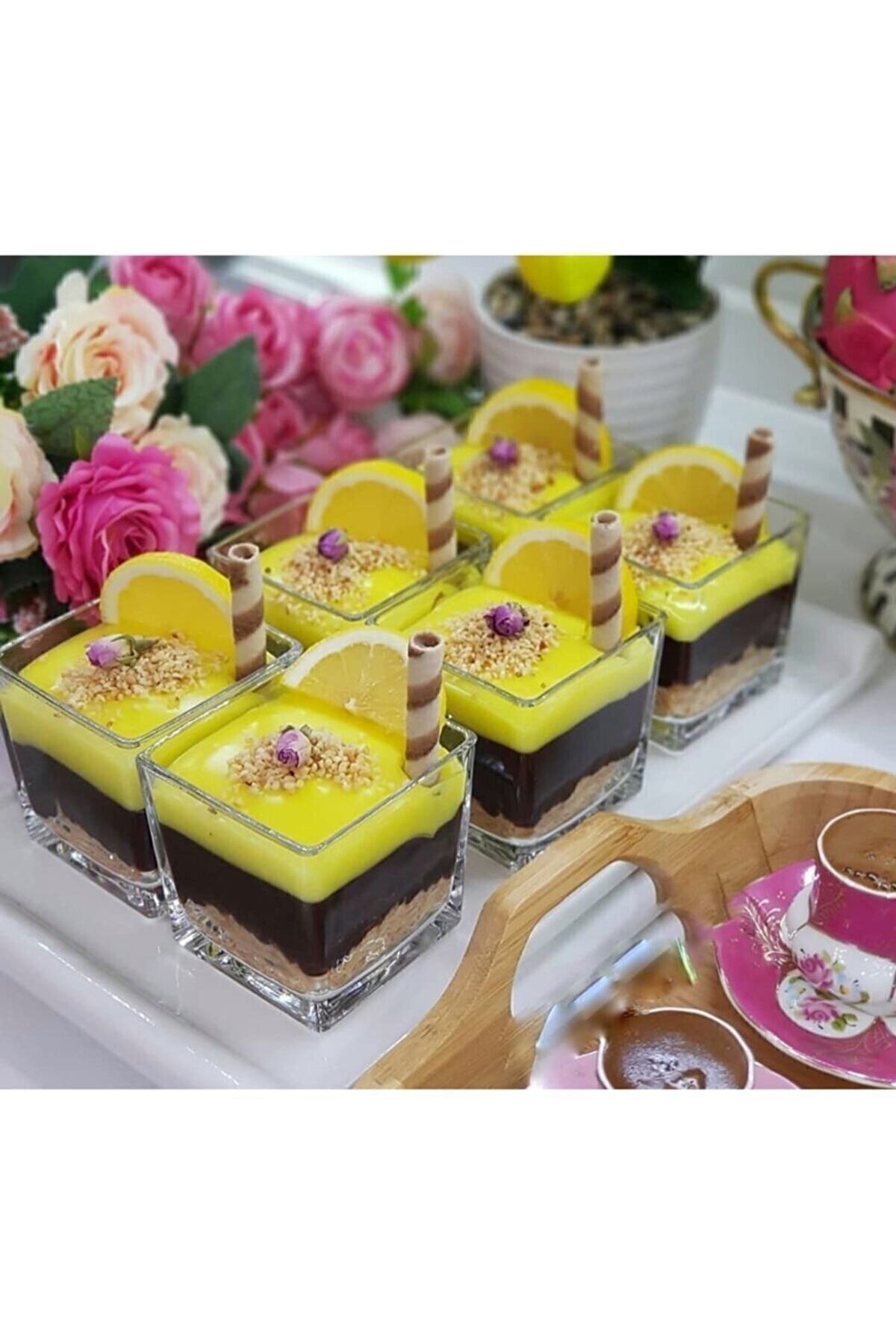 4 Lü Kare 300 ml Kare Cup 9*9 Cm Kare Magnolia Kup Tatlı Cupu