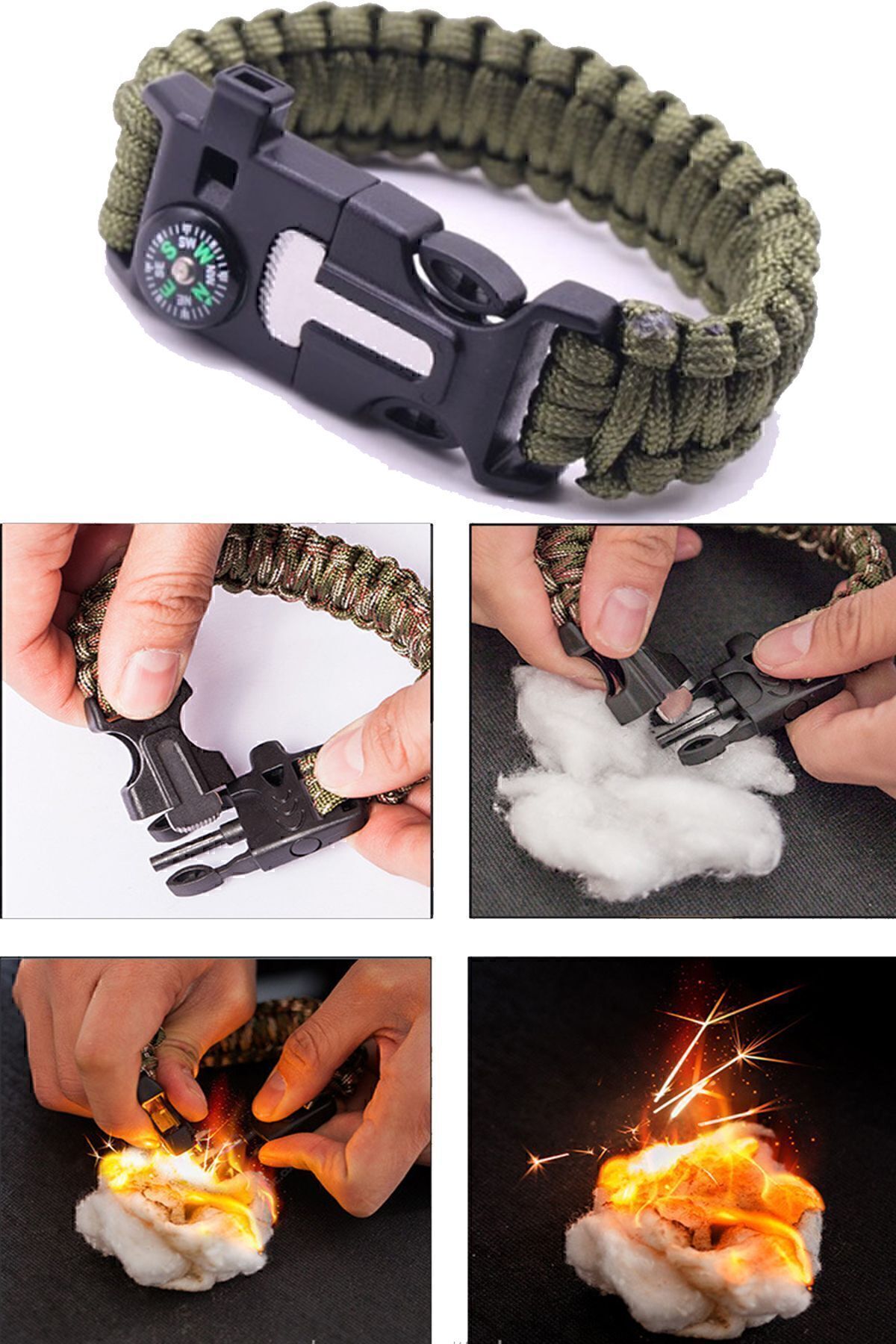 Survival Pusulalı Hayatta Kalma Bilekliği Kamp Bileklik Düdük Çok Amaçlı Outdoor Aksesuar Kit Askeri Siyah - Tek Ebat