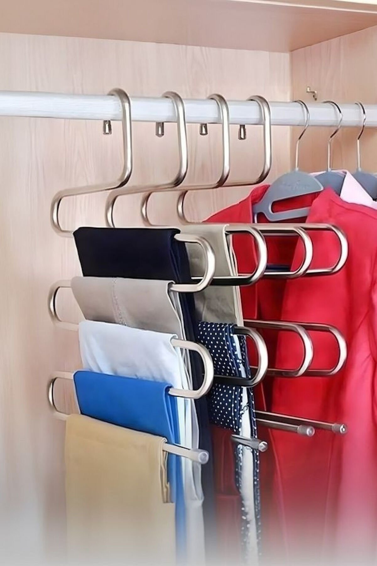 Pantolon askısı 5 katlı metal Dolap içi Akıllı Krom Askı Pantolon Askısı 5 Katlı Düzenleyici Model metal - Tek Ebat