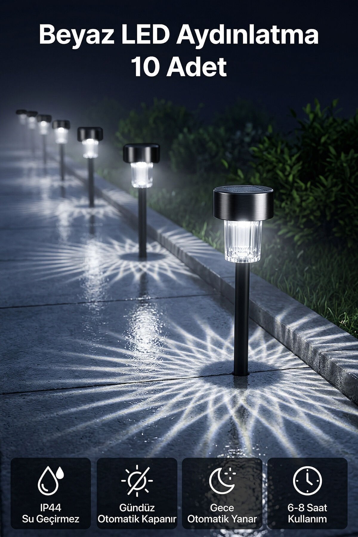 10'lu Güneş Enerjili Led Bahçe Yolu Lambası- Solar Aydınlatma Ip44 Su Geçirmez Renkli Işık Seti