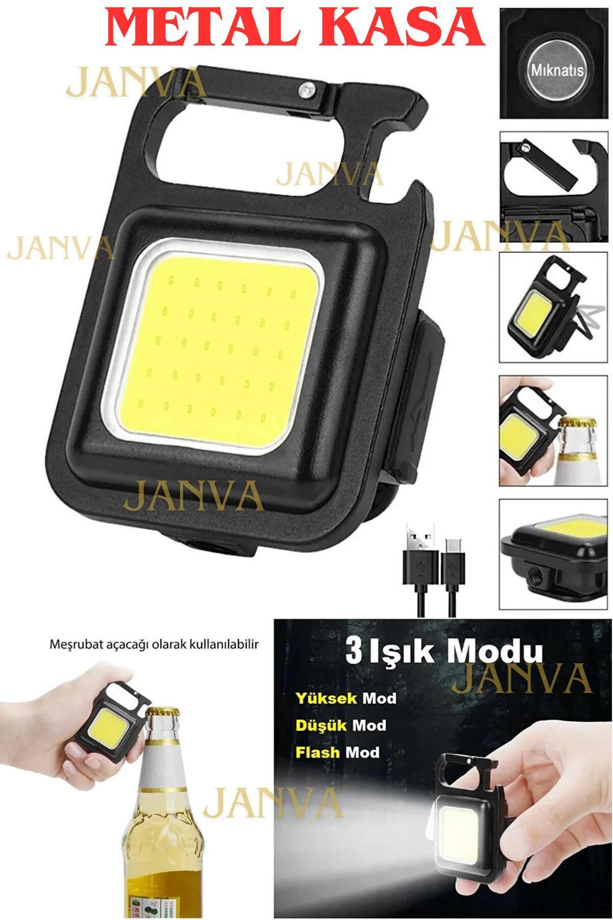 1200 Mah Mini Led, Anahtarlı El Feneri, Flash, Mıknatıslı , Su Geçirmez, Şişe Açacaklı , Şarjlı Tek Ebat