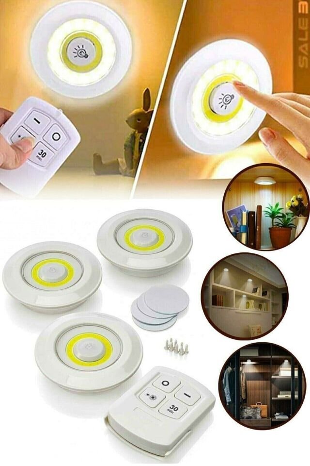 3 Lü Spot Led Lamba Kablosuz Pilli Işıldak Mutfak Rafı Işığı Dolap Işığı BEYAZ - Tek Ebat