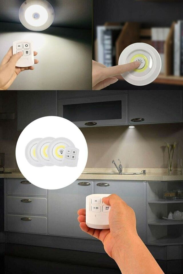 3 Lü Spot Led Lamba Kablosuz Pilli Işıldak Mutfak Rafı Işığı Dolap Işığı BEYAZ - Tek Ebat