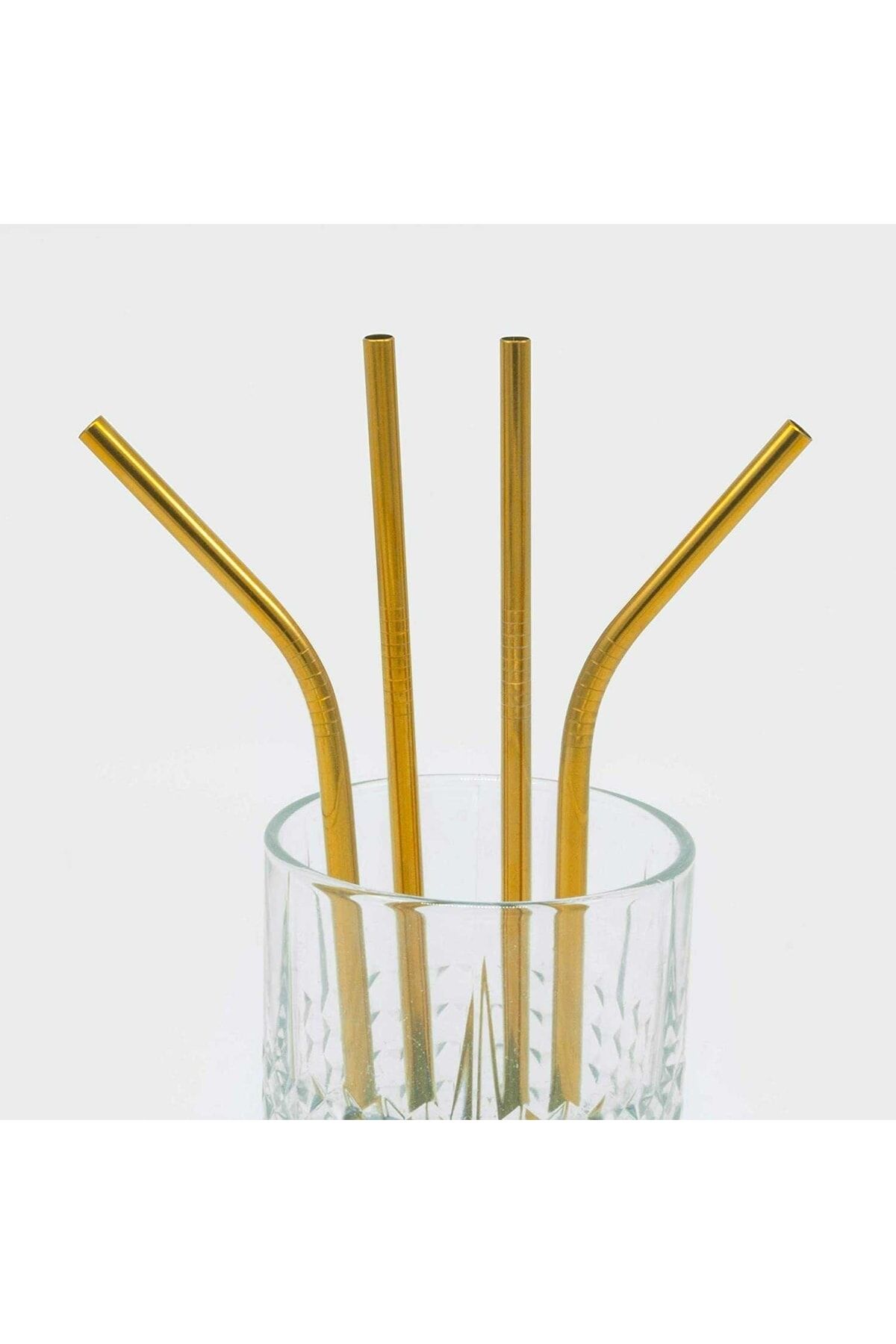Paslanmaz Gold Çelik Pipet 4lü Set ve Temizleme Fırçası Altın Pipetler Sunum Dekor Görünen - Tek Ebat