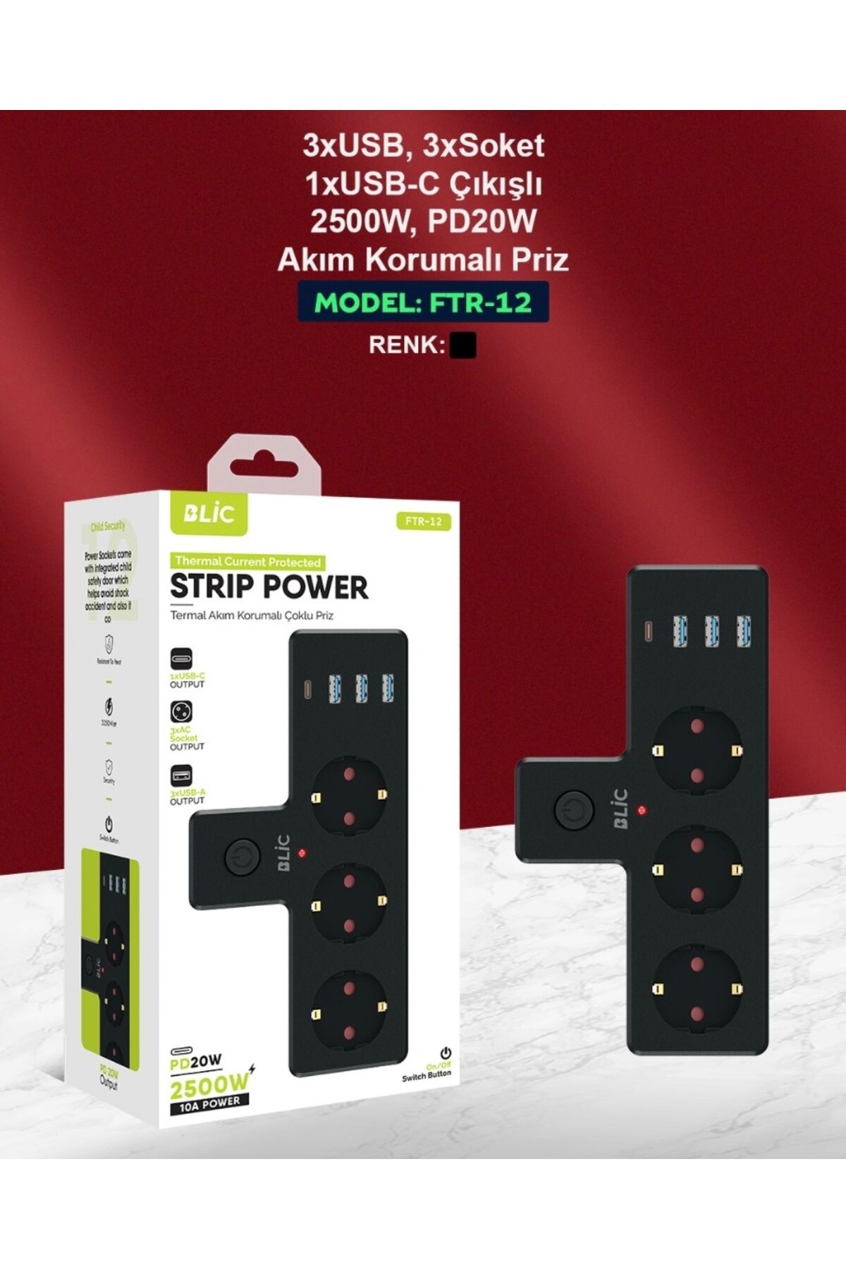 ROSE Termal Akım Korumalı 3 Priz / 3 Usb / 1 Typec 20w Girişli Duvar Tipi 3 Lü Priz
