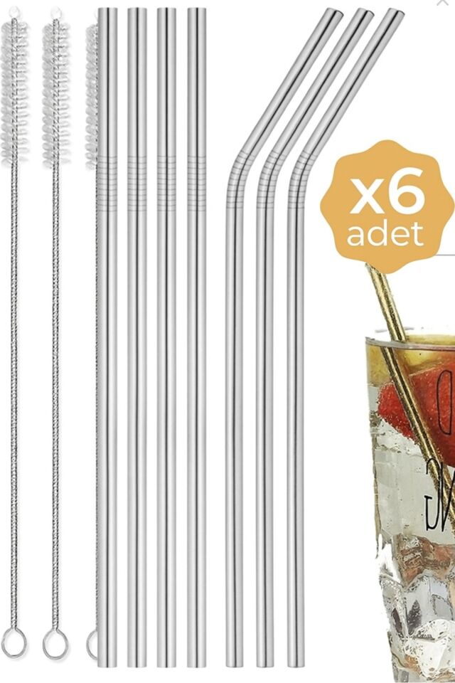 6'lı Paslanmaz Çelik Pipet 3 Adet Temizleme Fırçası Gold Tek Ebat