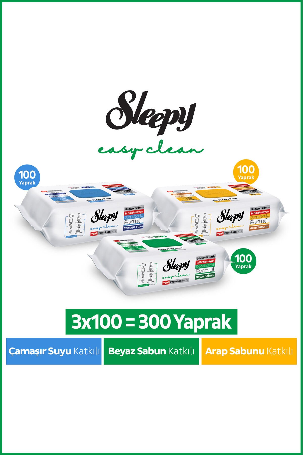 Easy Clean Premium Beyaz Sabun+Çamaşır Suyu+Arap Sabunu Yüzey Temizlik Havlusu Mendili 300 Yaprak Tek Ebat