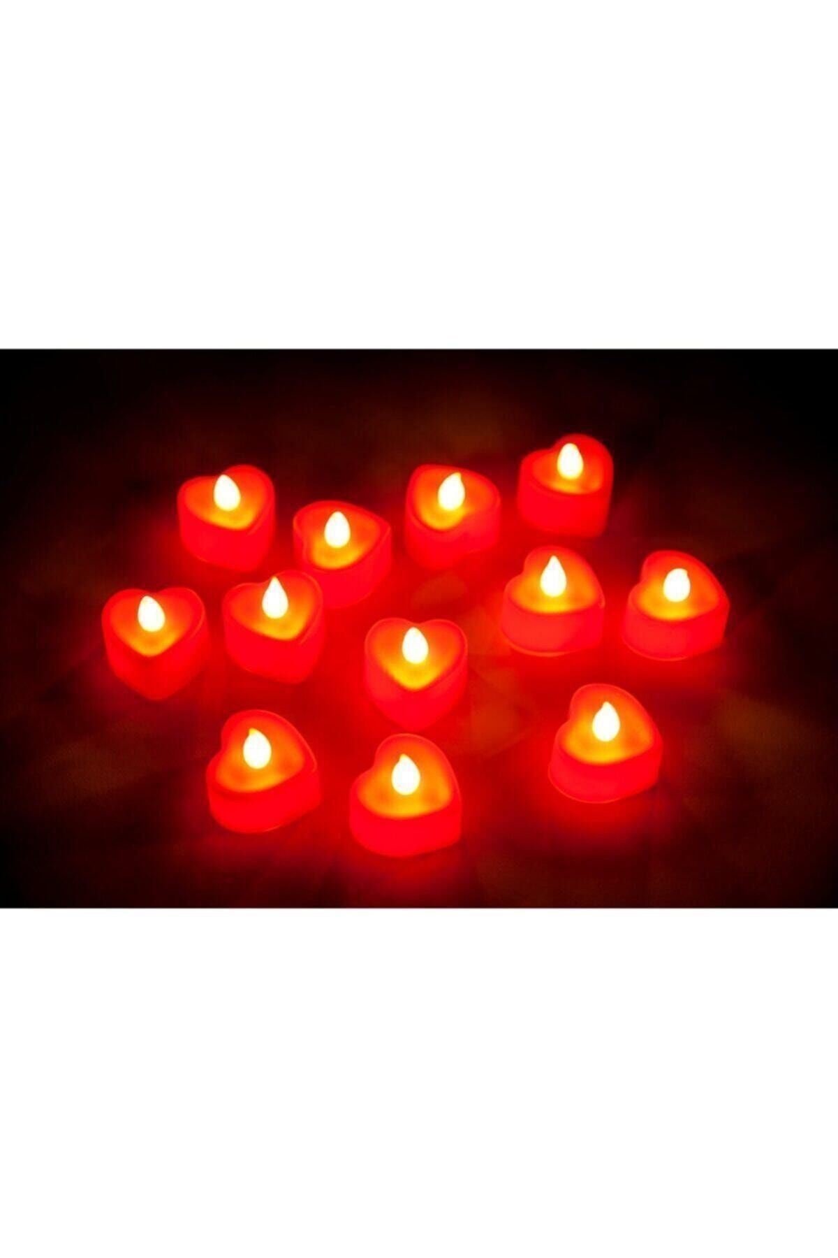 Ledli Mum Kalpli Mum Tealight Mum Led Işıklı Dumansız Pilli Kalpli Led Mum 12 Adet