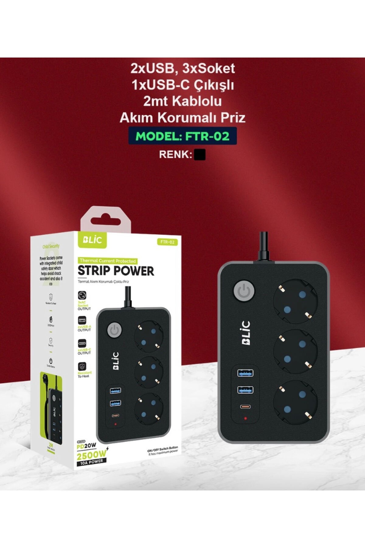Termal Akım Korumalı 3 Priz 2 Usb 1 Type-c Girişli 2m Kablolu Üçlü Priz