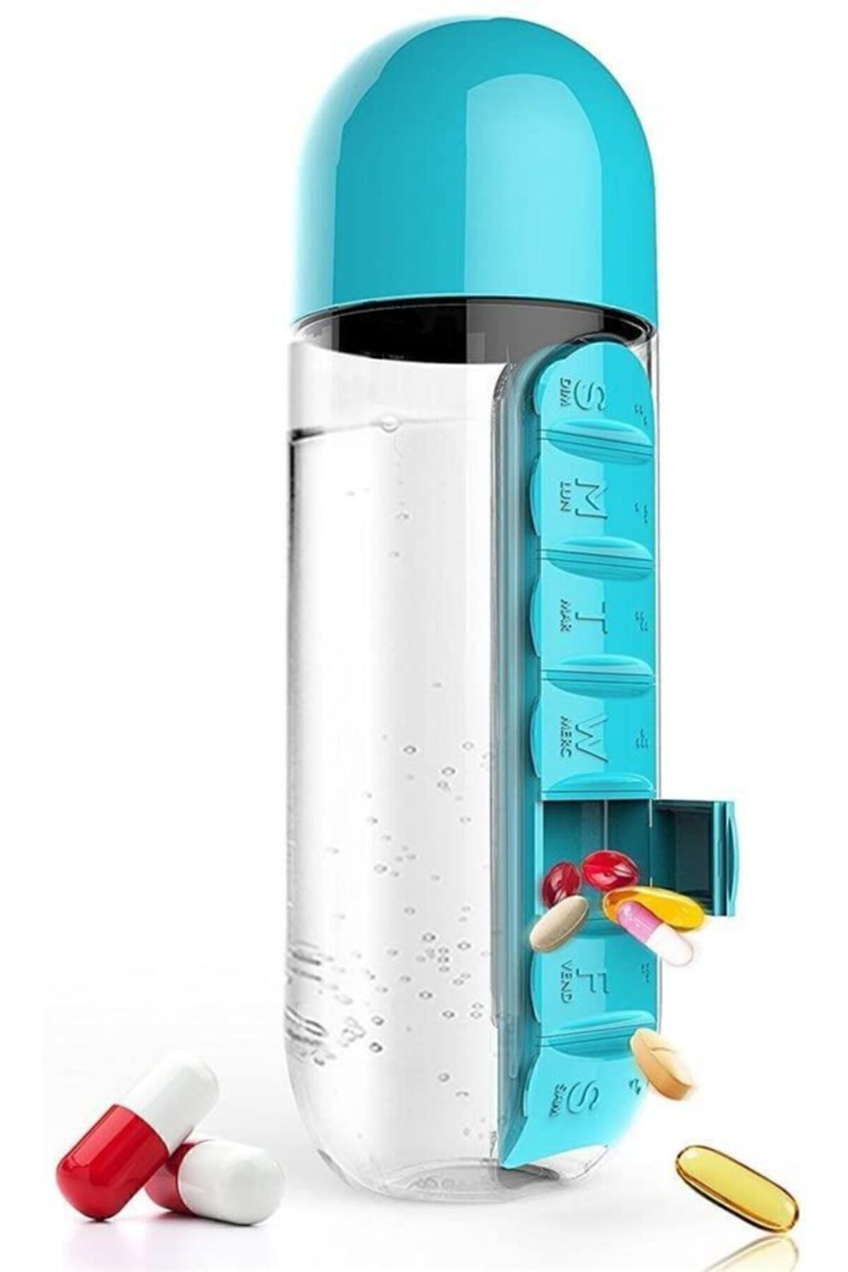 600 ml Dahili 7 Günlük Ilaç Organizer Su Şişesi Kırmızı - Tek Ebat