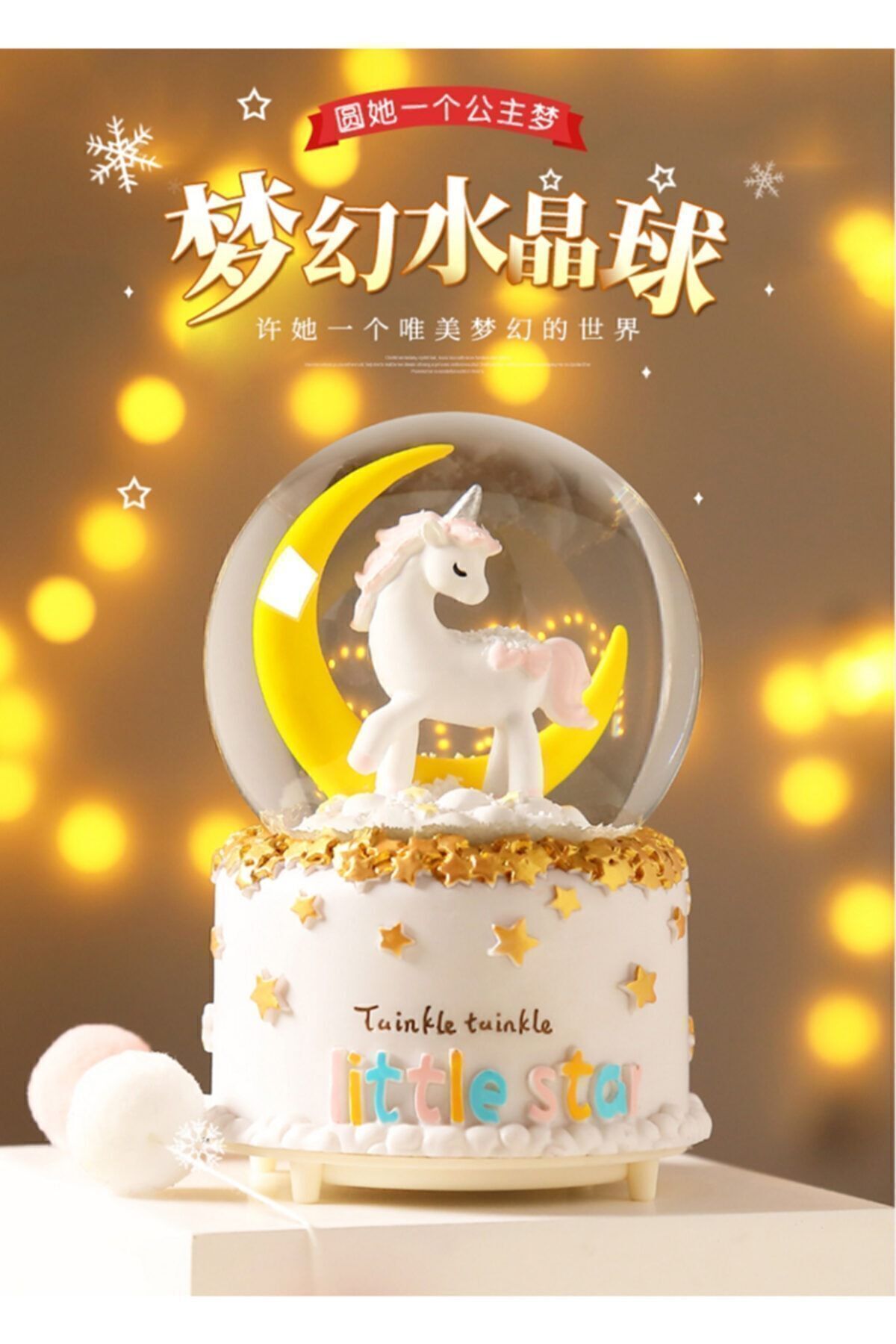 Ay Ve Unicorn Temalı Büyük Boy Kar Pilli Püskürtmeli Küresi