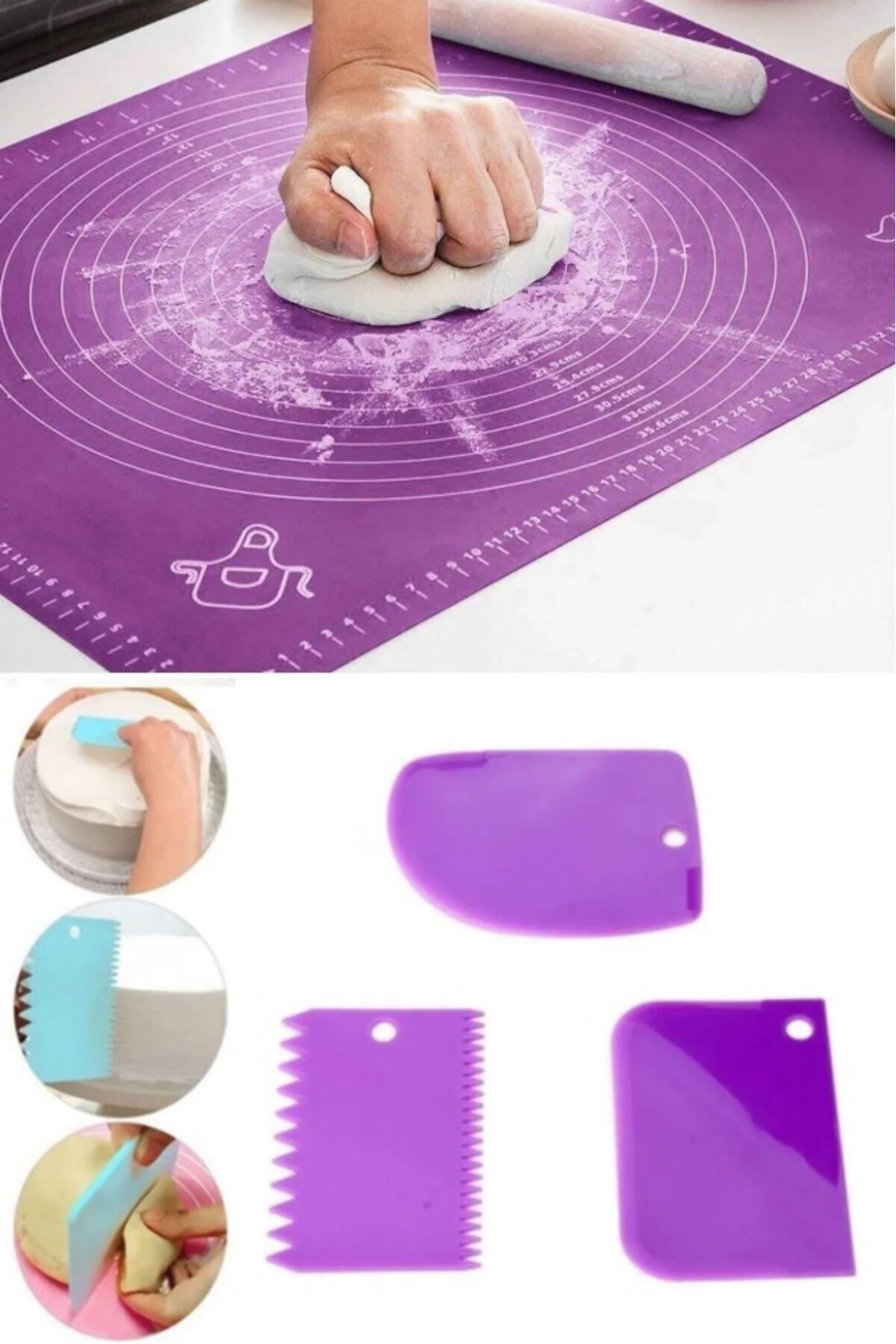 2'li Set 40x50 Cm Silikon Hamur Açma Matı Ve 3'lü Hamur Kesici Kazıyıcı Set Tek Ebat
