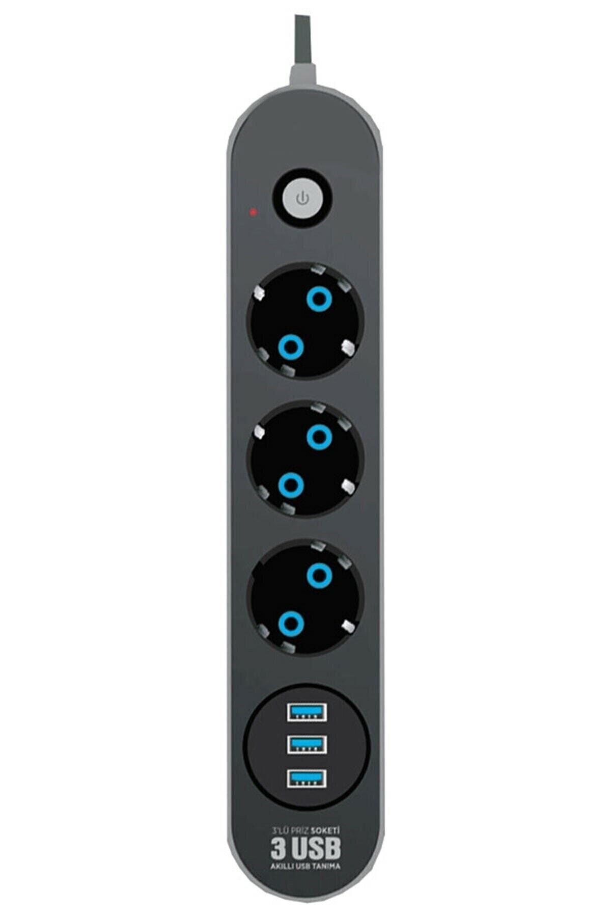 3 Usb'li 3'lü Çoklu Priz 2 M Kablolu Akım Korumalı Anahtarlı Uzatma Grup Priz gri - Tek Ebat