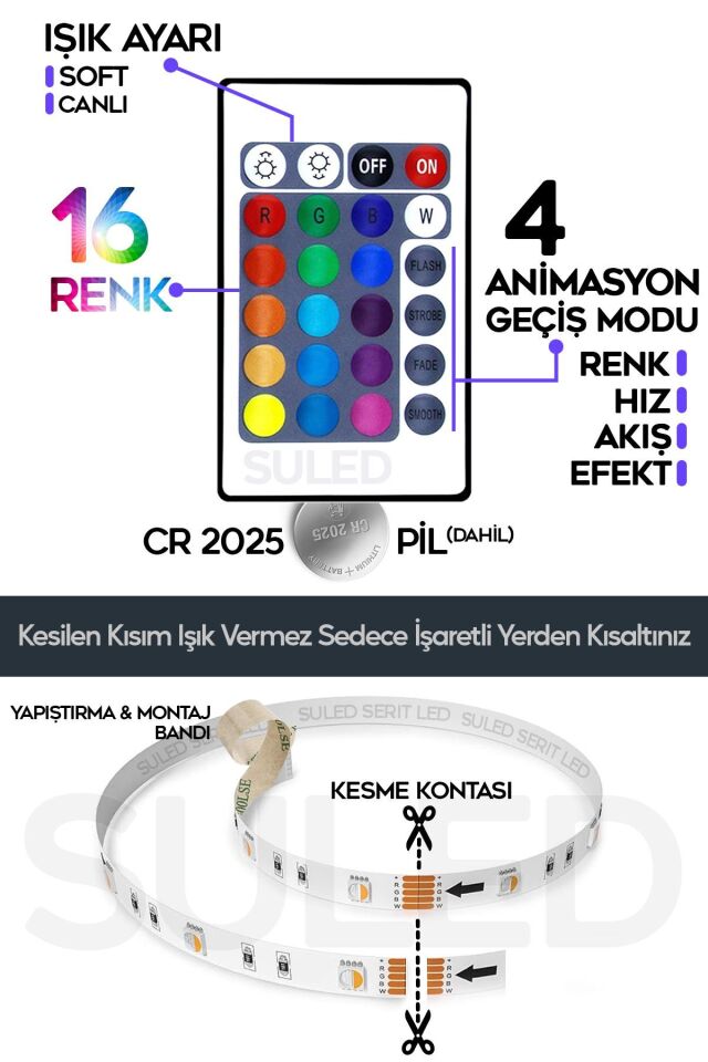 Şerit Led 5 Metre Animasyonlu Tak Çalıştır Kumandalı Trafolu Rgb Şerit Işık Aydınlatma Parti Led Siyah - Tek Ebat