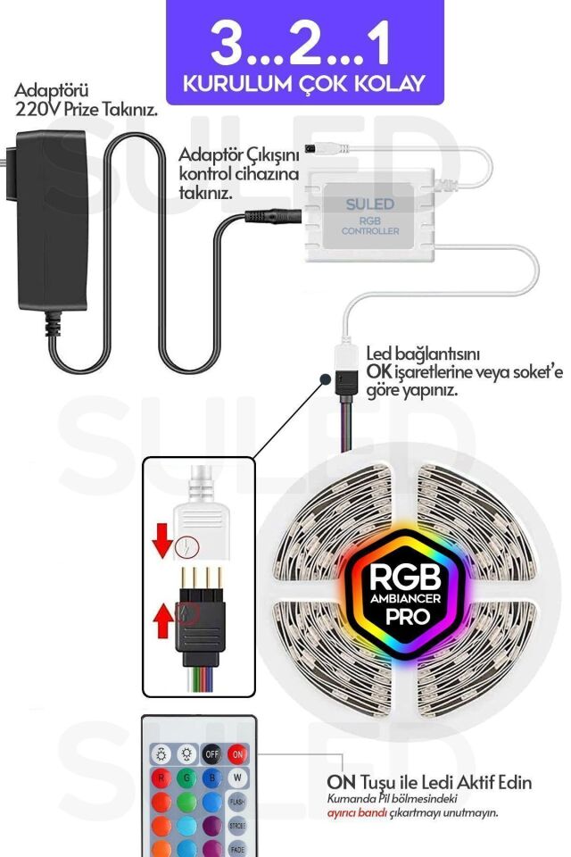 Şerit Led 5 Metre Animasyonlu Tak Çalıştır Kumandalı Trafolu Rgb Şerit Işık Aydınlatma Parti Led Siyah - Tek Ebat