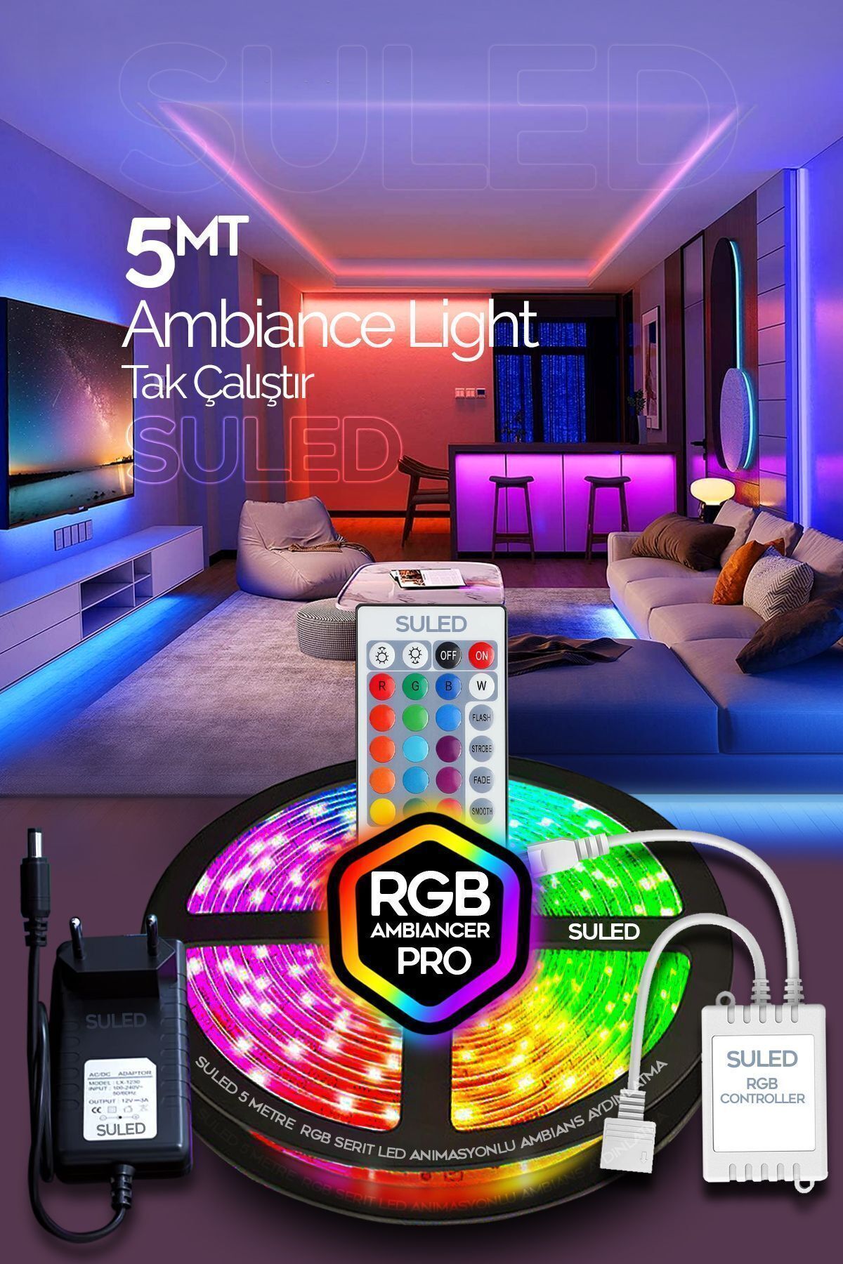 Şerit Led 5 Metre Animasyonlu Tak Çalıştır Kumandalı Trafolu Rgb Şerit Işık Aydınlatma Parti Led Siyah - Tek Ebat