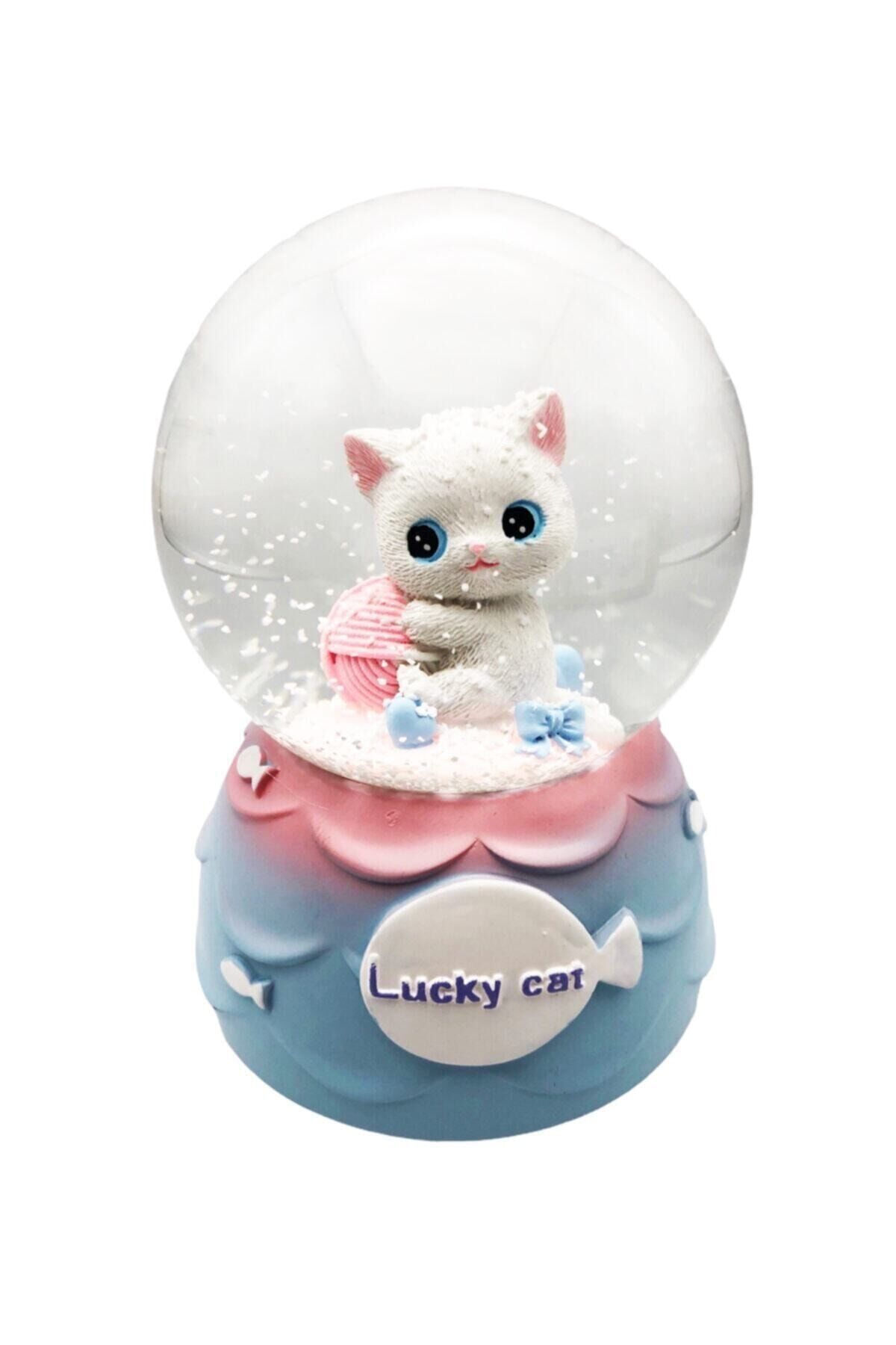 Lucky Cat Yumak Kedi Tasarımlı Renk Değiştiren Müzikli Işıklı Kar Küresi