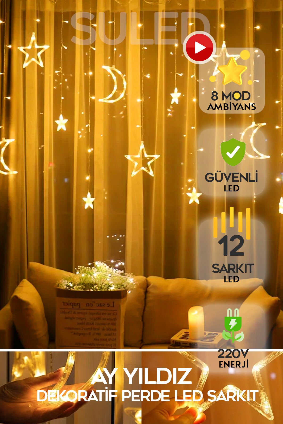 Sl-1037 Ay Yıldız Perde Led 8 Mod Saçaklı Perde Peri Mutfak Işık Dekoratif Lamba Led Işık GÜNIIŞIĞI - Tek Ebat