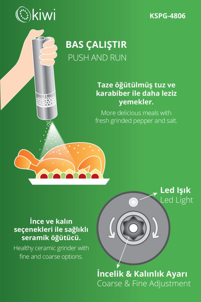 Otomatik Ayarlanabilir Tuz Karabiber Baharat Değirmeni Kiwi Kspg-4806 Inox