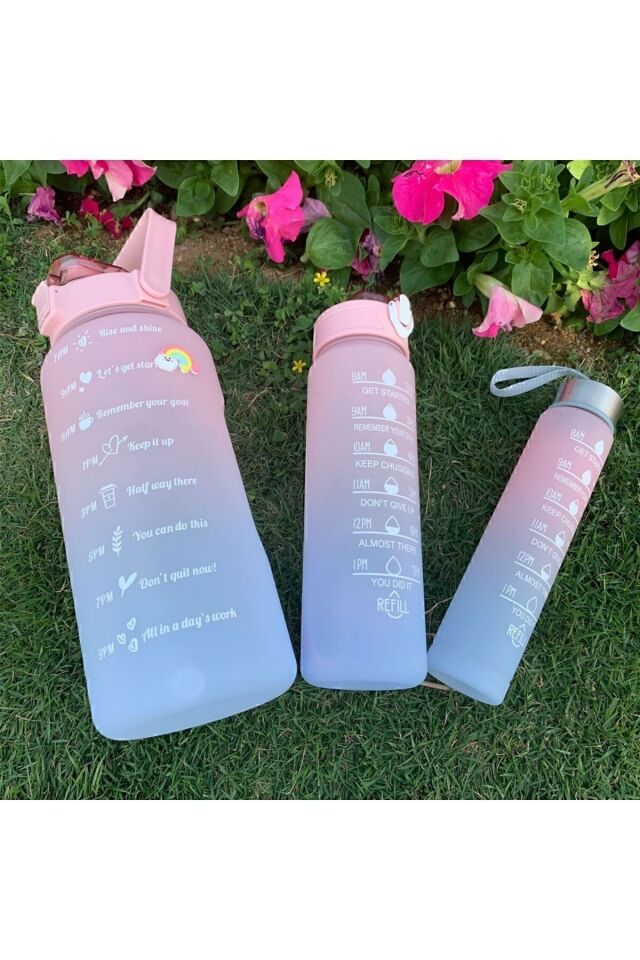 Motivasyonel 3 lü Set Su Matarası 2 lt+900 ml+600 ml Tritan Spor Salonu Suluk Pembe - Tek Ebat