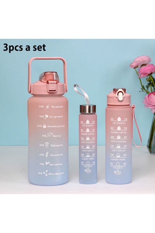 Motivasyonel 3 lü Set Su Matarası 2 lt+900 ml+600 ml Tritan Spor Salonu Suluk Pembe - Tek Ebat