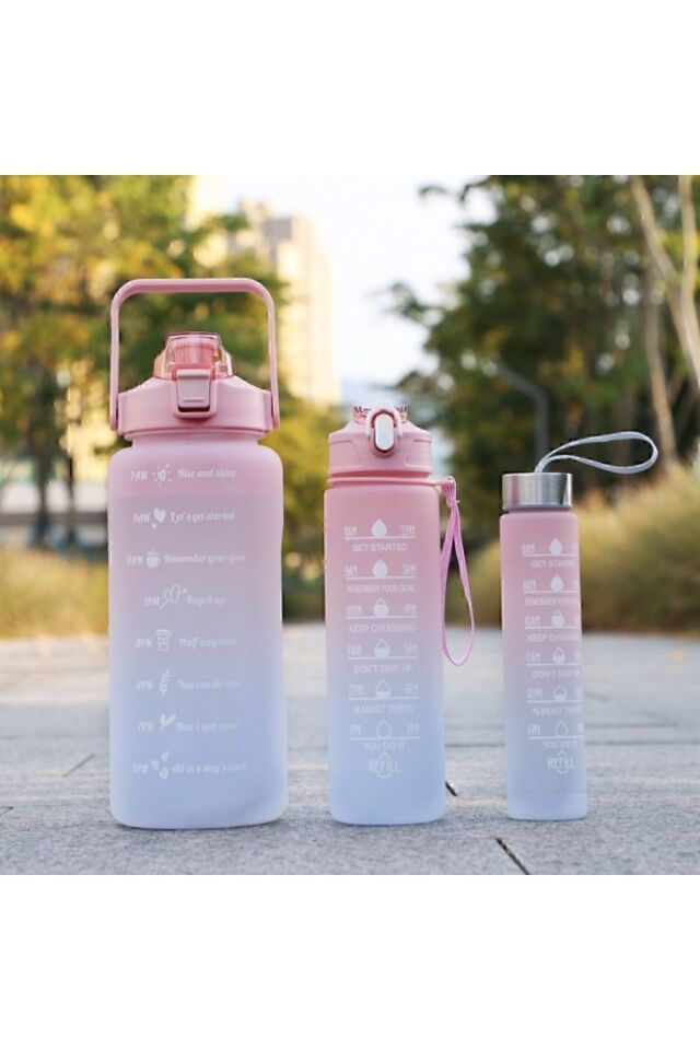 Motivasyonel 3 lü Set Su Matarası 2 lt+900 ml+600 ml Tritan Spor Salonu Suluk Pembe - Tek Ebat