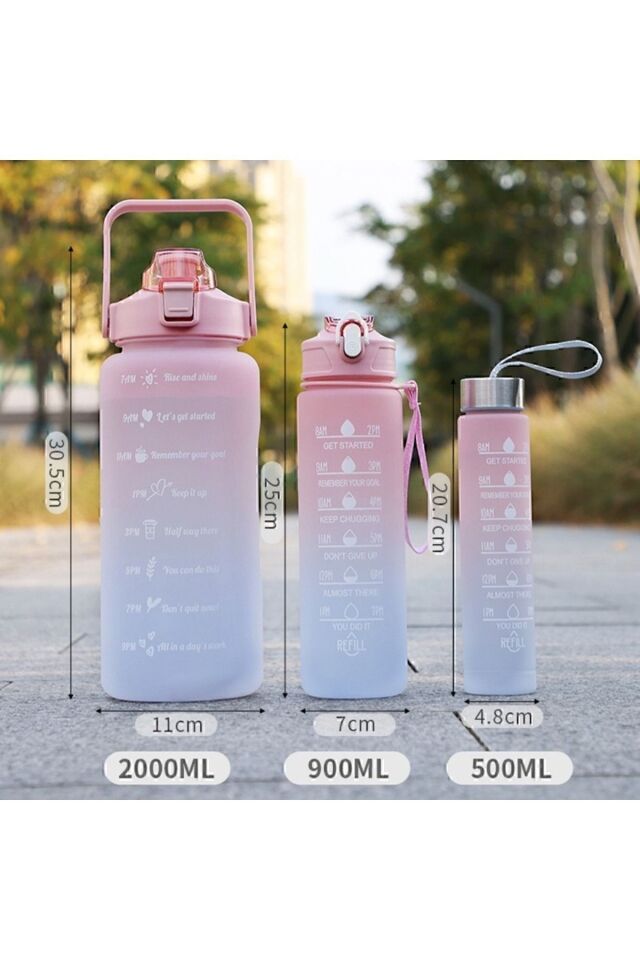 Motivasyonel 3 lü Set Su Matarası 2 lt+900 ml+600 ml Tritan Spor Salonu Suluk Pembe - Tek Ebat
