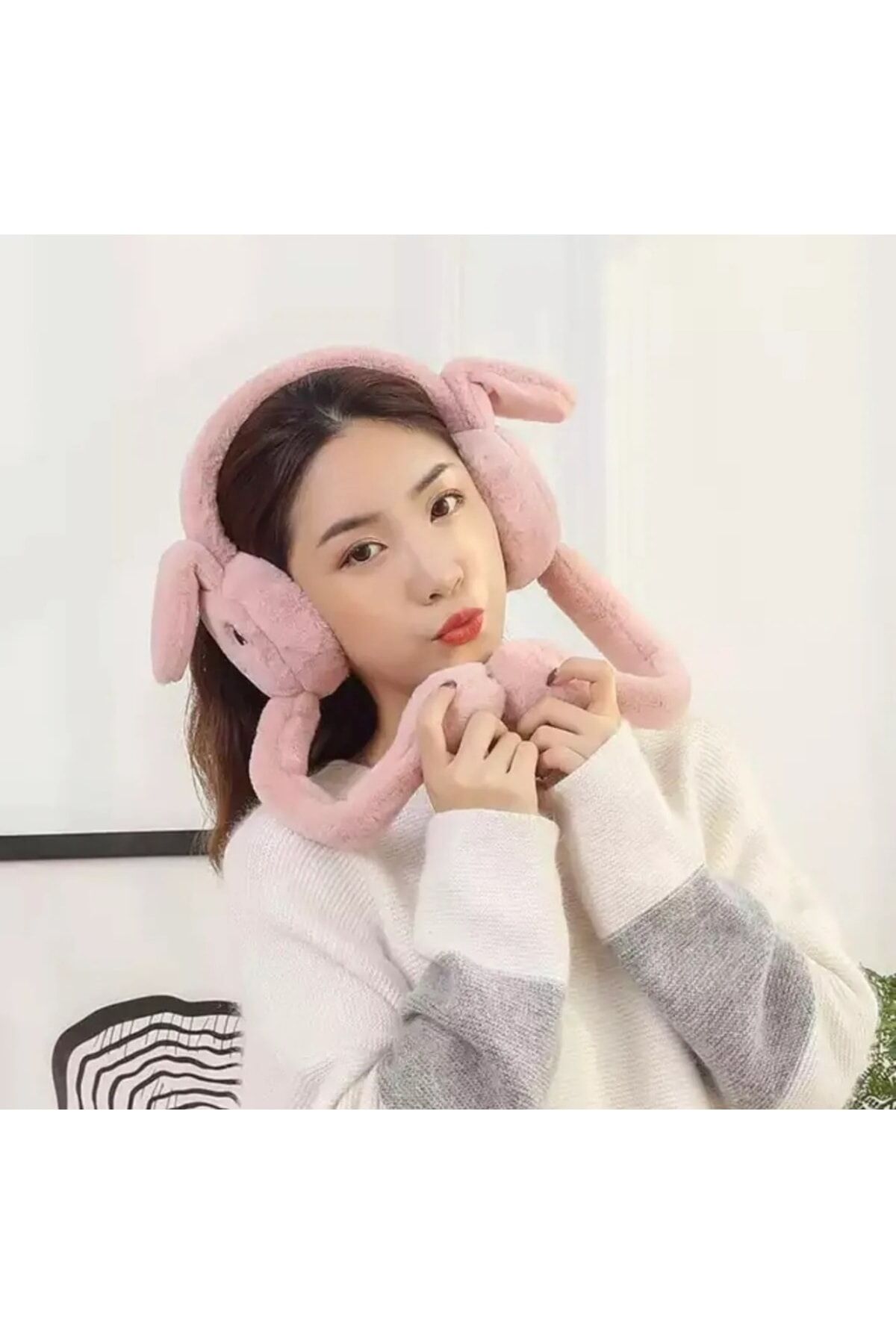 Pembe Peluş Tavşanlı Oynar Kulaklı Hareketli Kulaklık pembe - Tek Ebat
