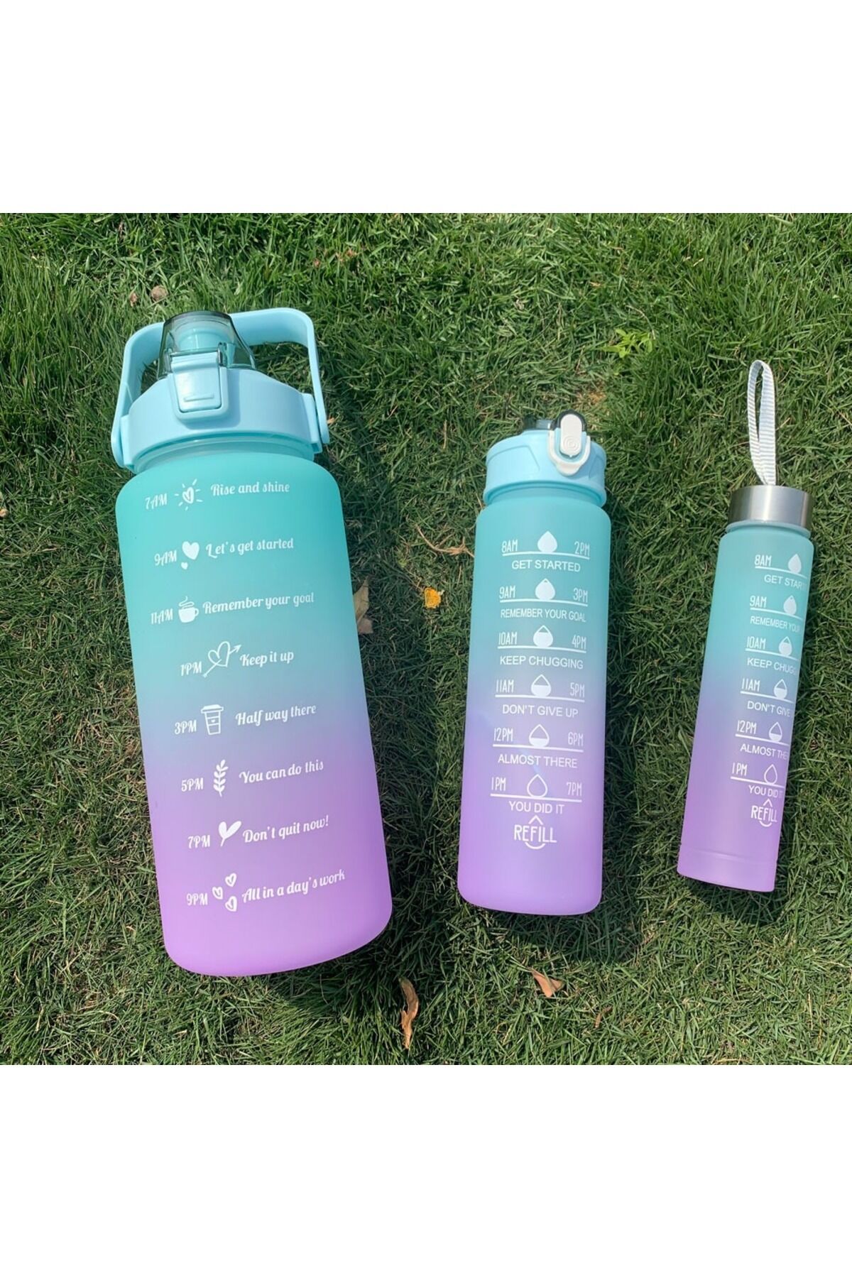 Motivasyonel 3lü Set Su Matarası Su Şişesi Suluk 2lt+900ml+600ml Tritan Spor Salonu Su Şişesi Suluk Yeşil - Tek Ebat