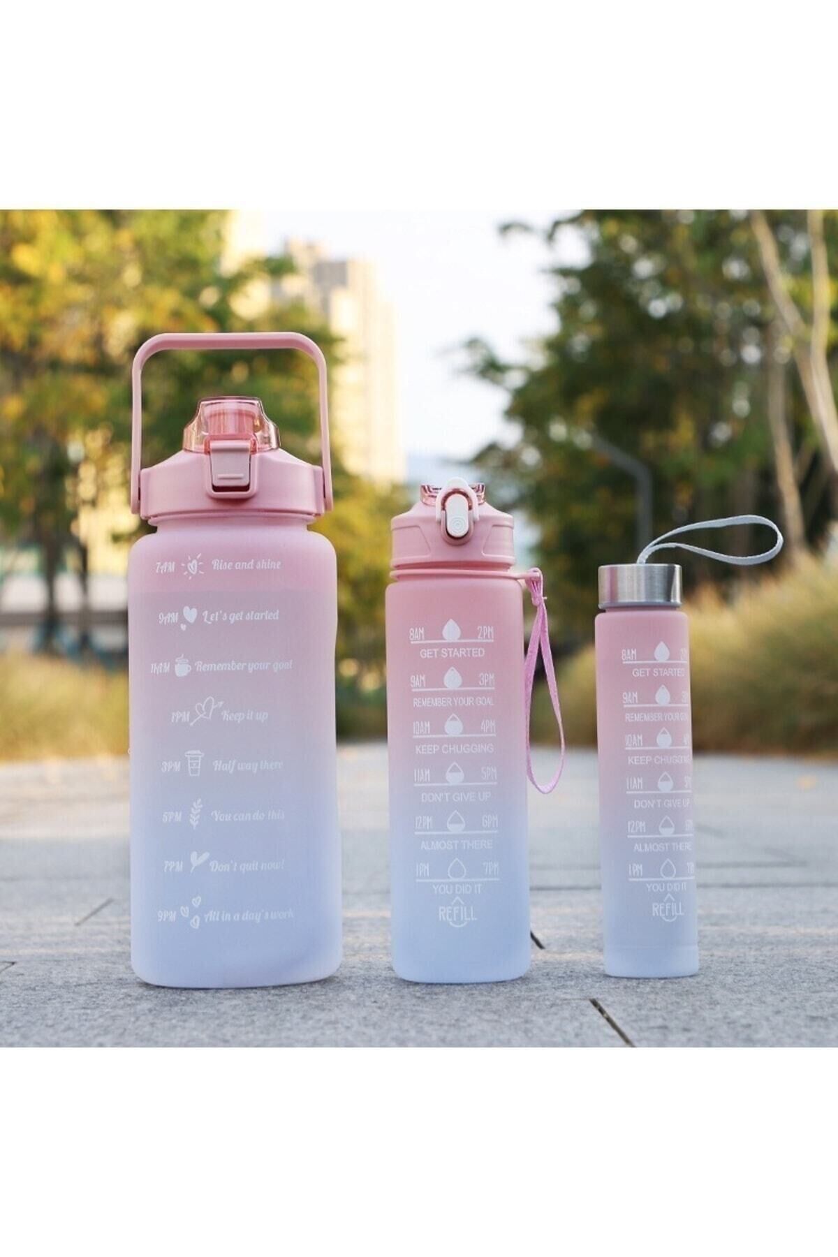 Motivasyonel 3lü Set Su Matarası Su Şişesi Suluk 2lt+900ml+600ml Tritan Spor Salonu Su Şişesi Suluk Pembe - Tek Ebat