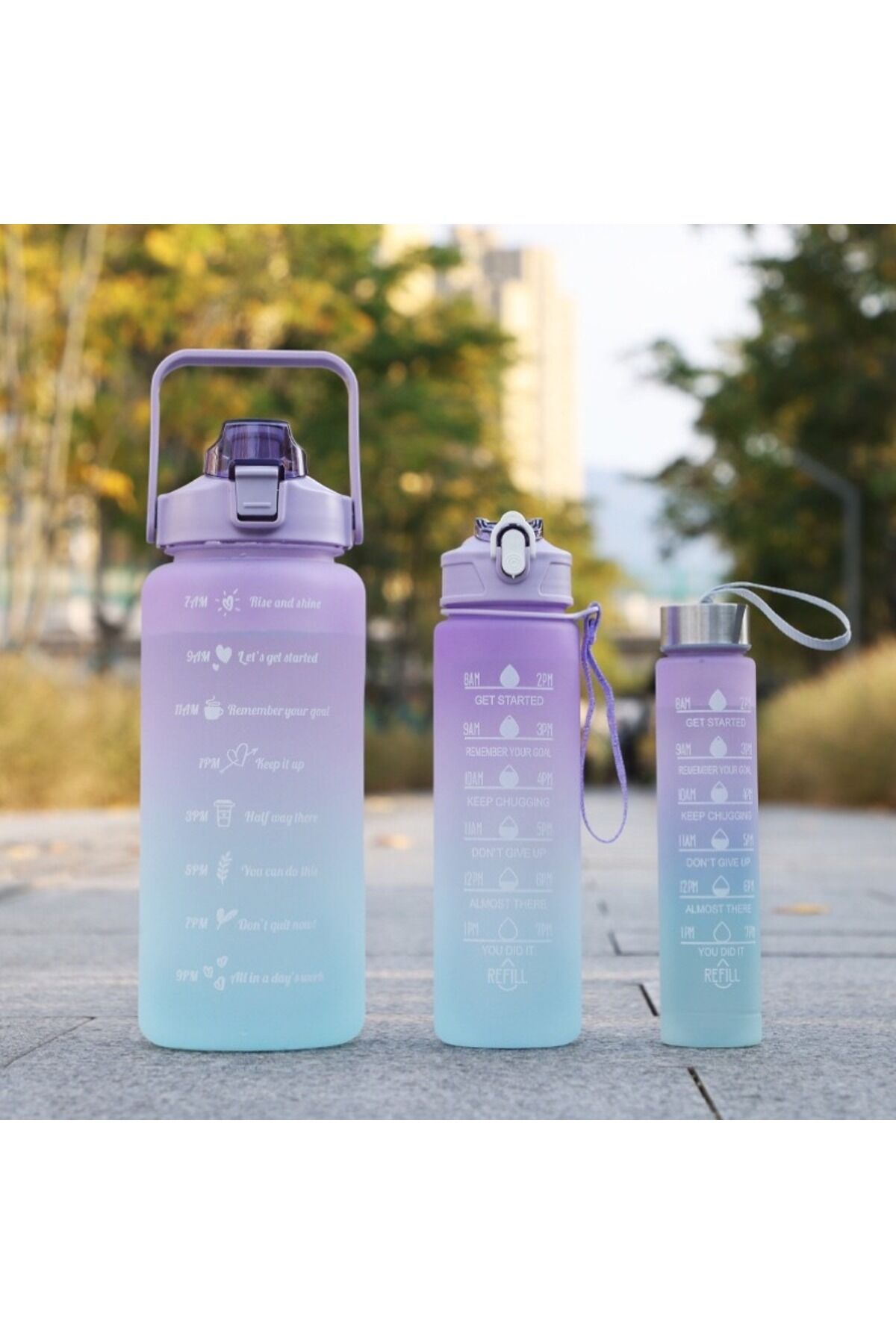 Motivasyonel 3lü Set Su Matarası Su Şişesi Suluk 2lt+900ml+600ml Tritan Spor Salonu Su Şişesi Suluk Mor - Tek Ebat