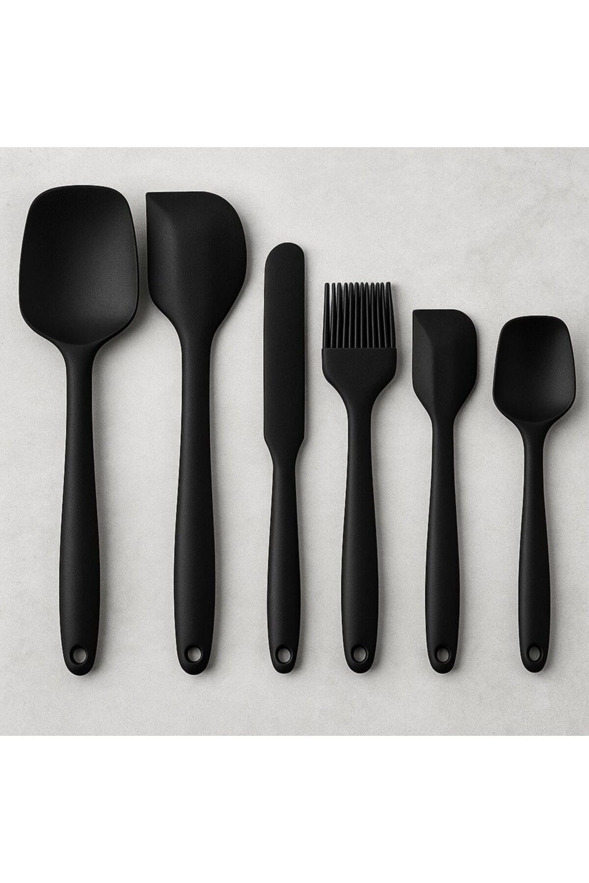 6lı Takım Yanmaz Yapışmaz Mutfak Pasta Slikon Yumurta Fırçası Kaşık Bıçak Spatula Seti Koza Gift siyah - Tek Ebat