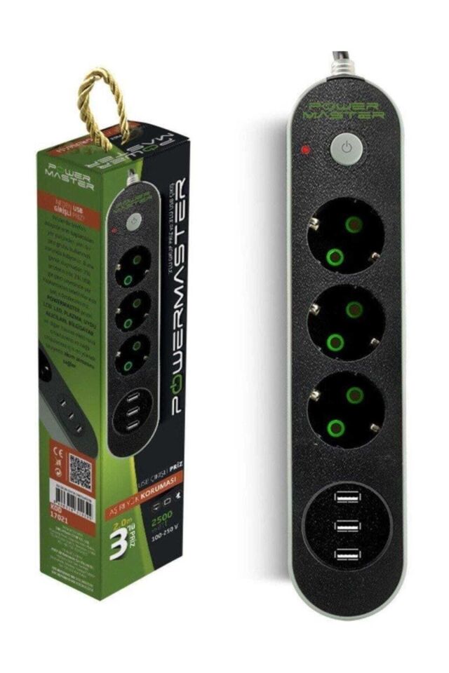 Usb Çıkışlı 3'lü 2 Metre Kablolu Akım Korumalı Priz 10a-2500 Watt yeşil - Tek Ebat