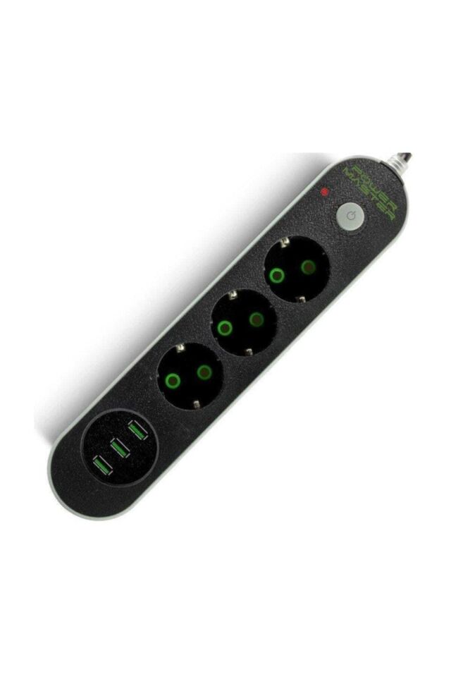 Usb Çıkışlı 3'lü 2 Metre Kablolu Akım Korumalı Priz 10a-2500 Watt yeşil - Tek Ebat